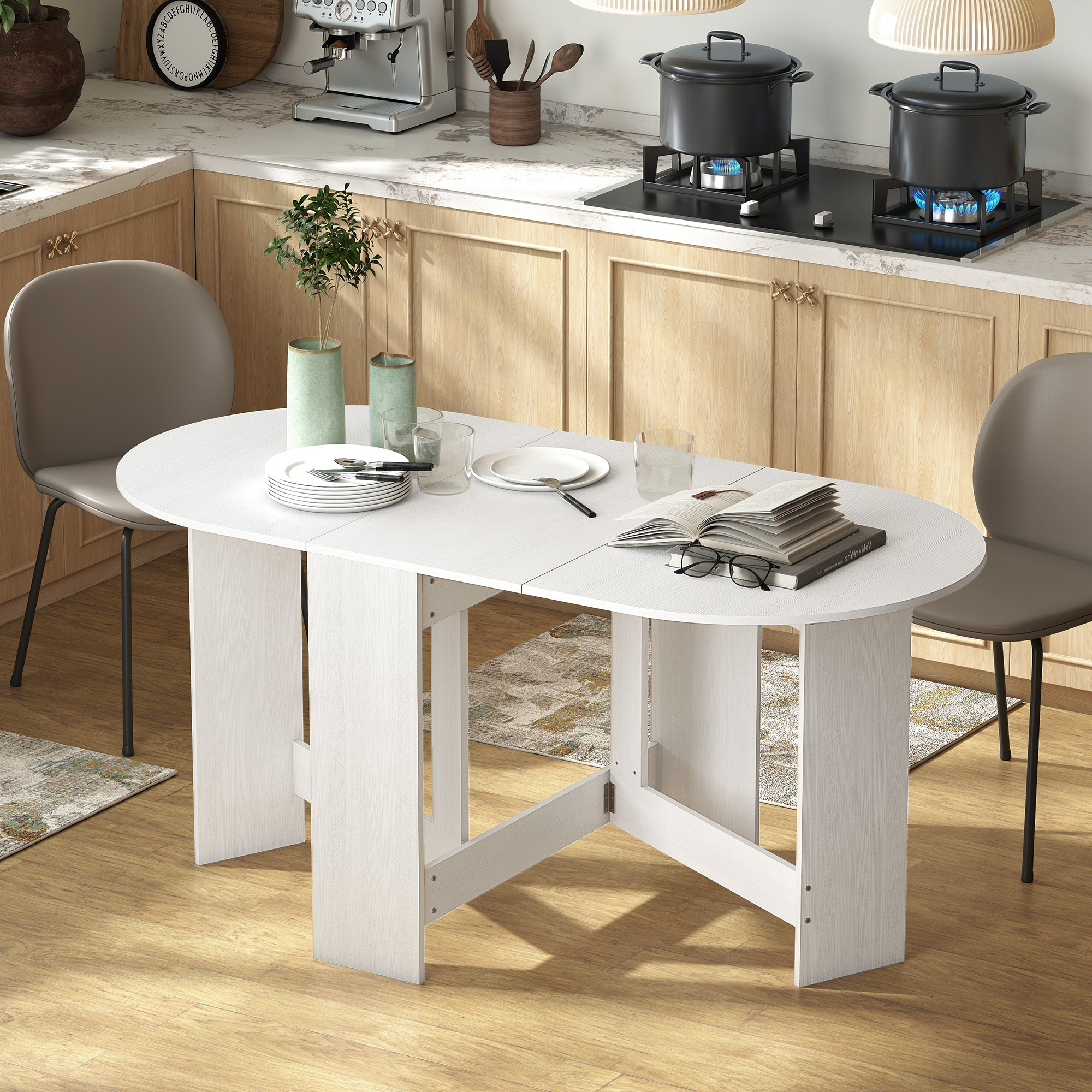 HOMCOM Folding Dining Table, Drop Leaf Table for Small Spaces, Oval Tabletop for Dining Room, Ash Wood-Effect 2