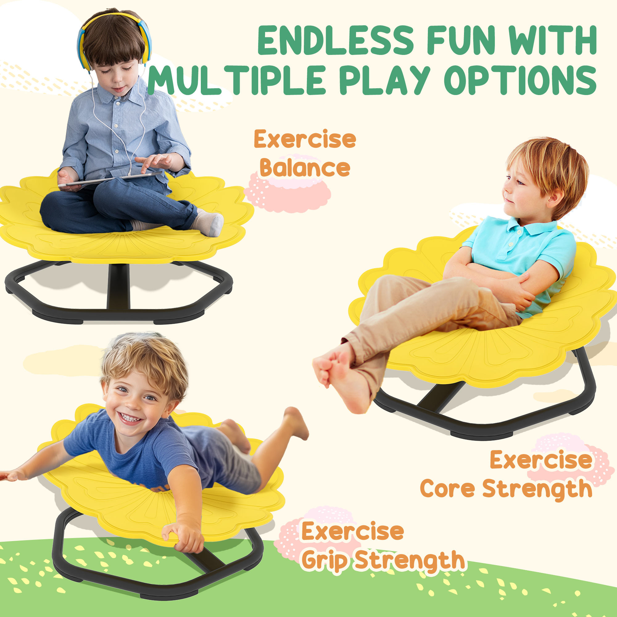 AIYAPLAY Flower-Shaped Sensory Spinning Chair with Non-Slip Base for Balance/Coordination, Yellow 6
