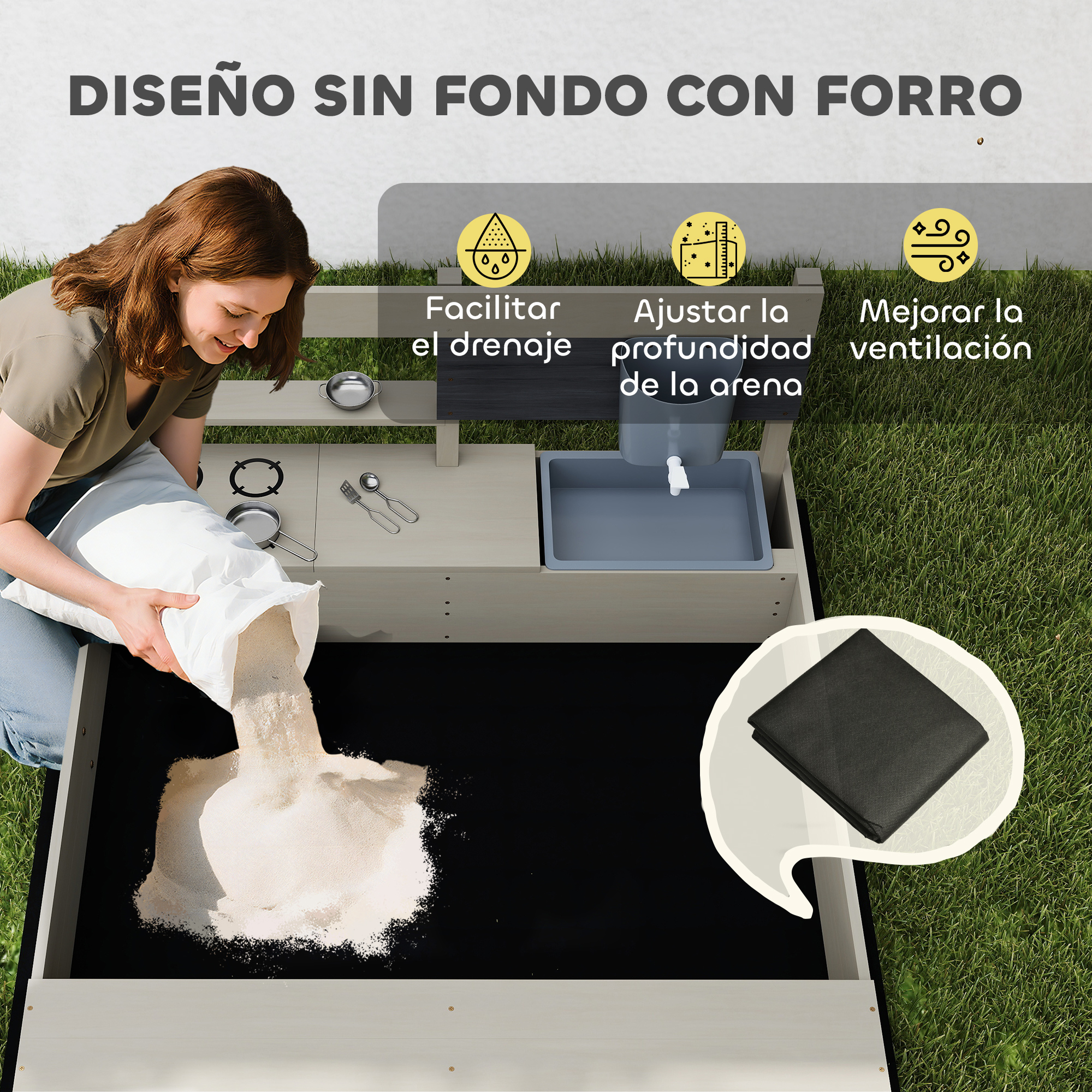 Outsunny Arenero Infantil de Madera con Techo Inclinable Ajustable en Altura y 2 Cubetas de Plástico Cajón de Arena de Jardín para Niños 3 Años 107,5x107,5x110 cm Natural