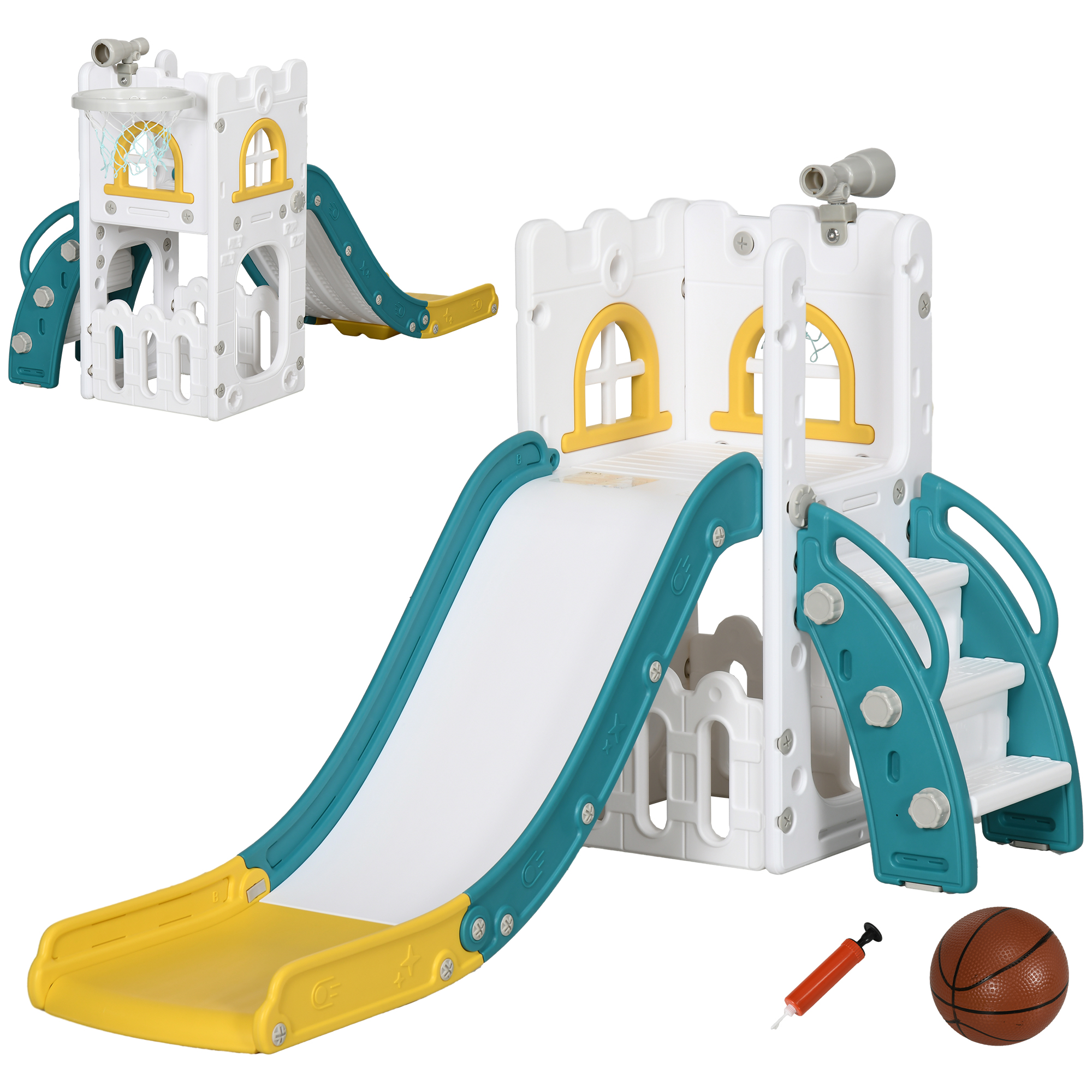 AIYAPLAY Tobogán Infantil 4 en 1 con Aro de Baloncesto Telescopio Escalador y Cesta Inferior para Interior Amarillo y Verde