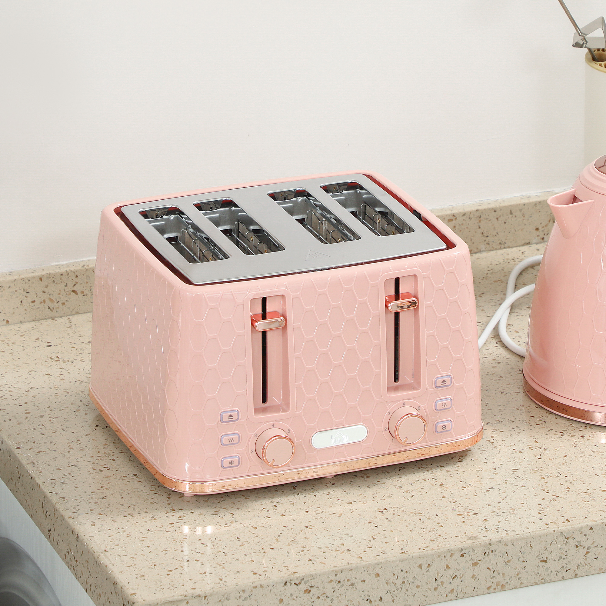 HOMCOM Kettle and Toaster Set, 1.7L 3000W Fast Boil Jug Kettle, 4 Slice Toaster with 7 Level Browning Controls, Light Pink 9