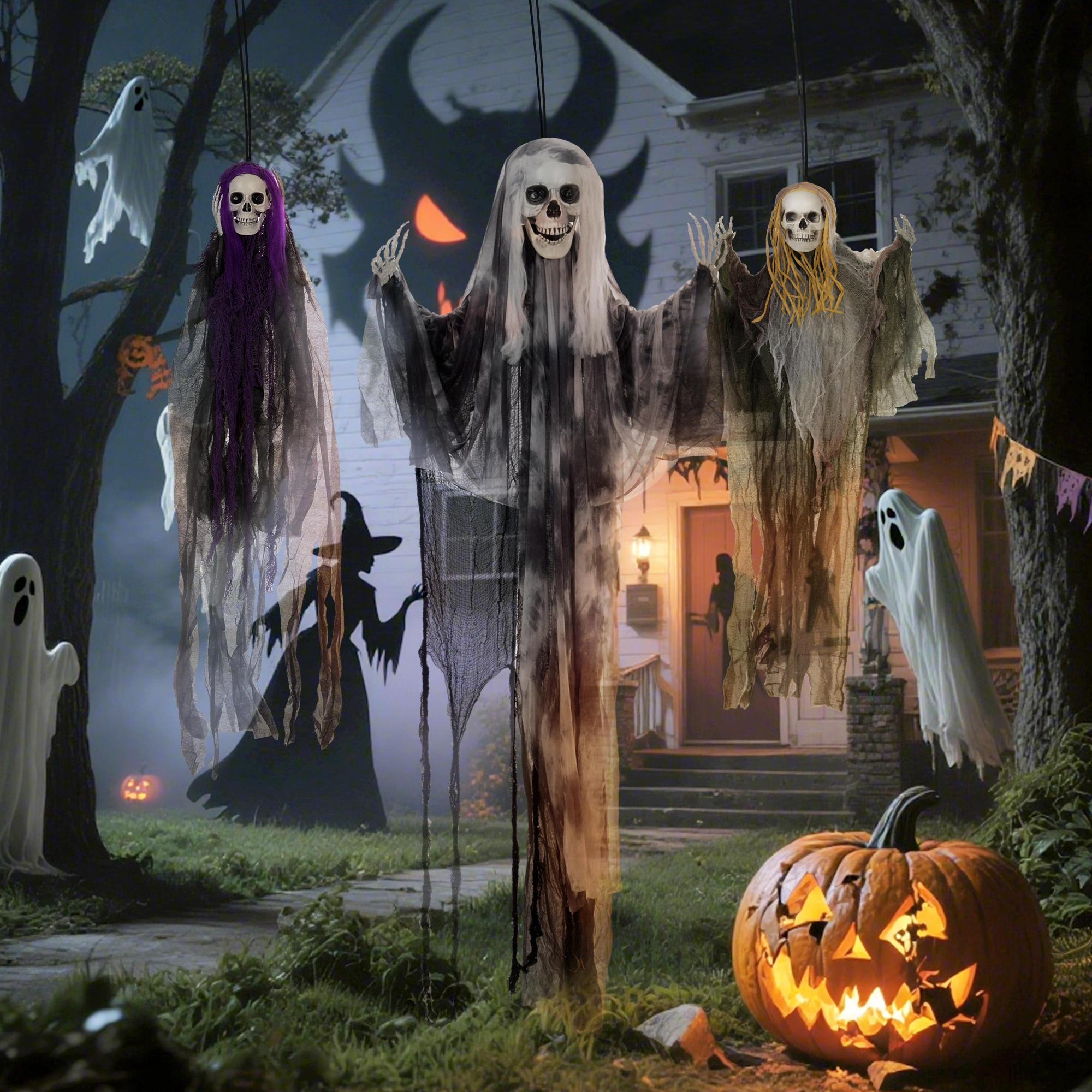 HOMCOM Set of 3 Hanging Skeleton Halloween Decorations, Scary Flying Ghost for Garden, Party, 90/110/170cm 8