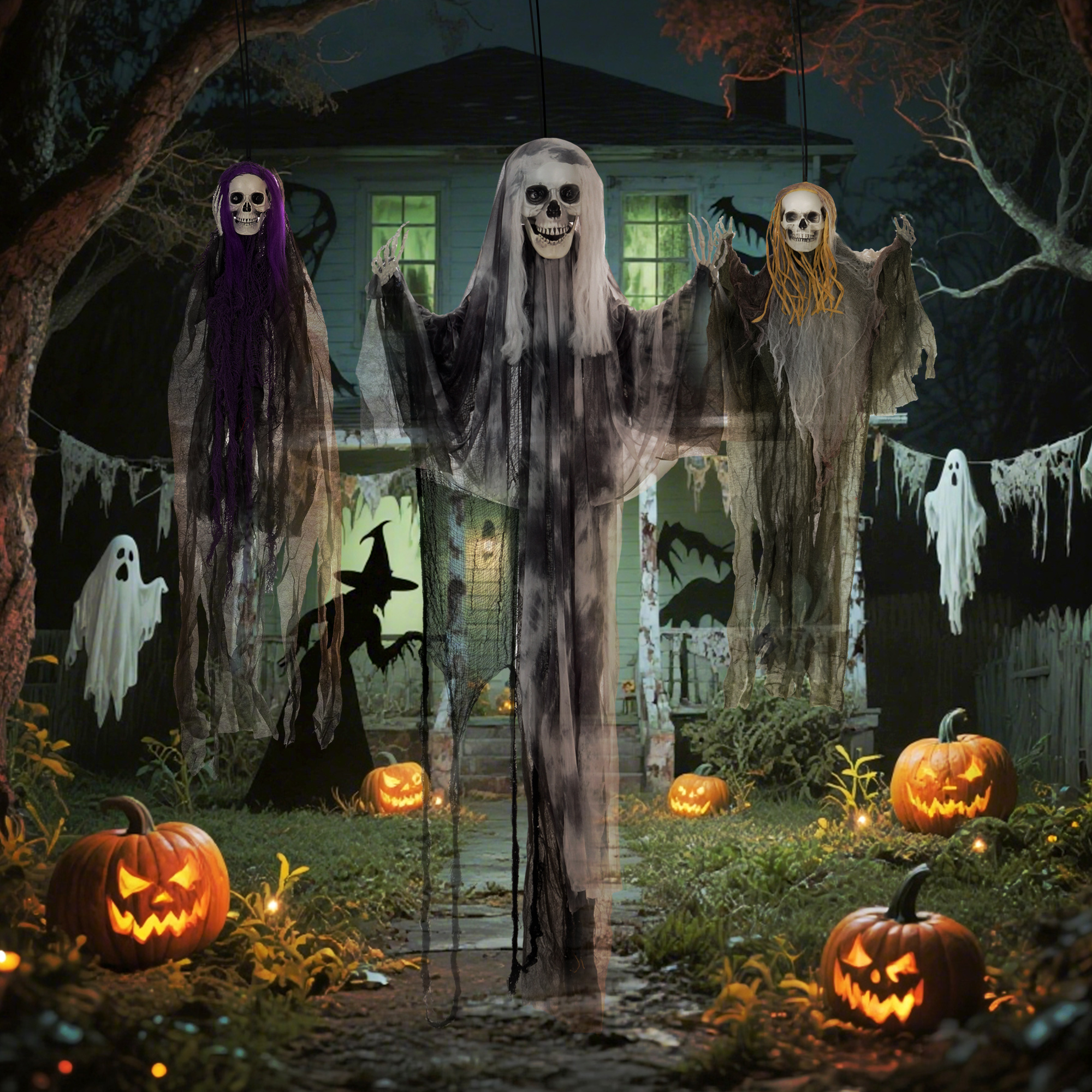 HOMCOM Set of 3 Hanging Skeleton Halloween Decorations, Scary Flying Ghost for Garden, Party, 90/110/170cm 7
