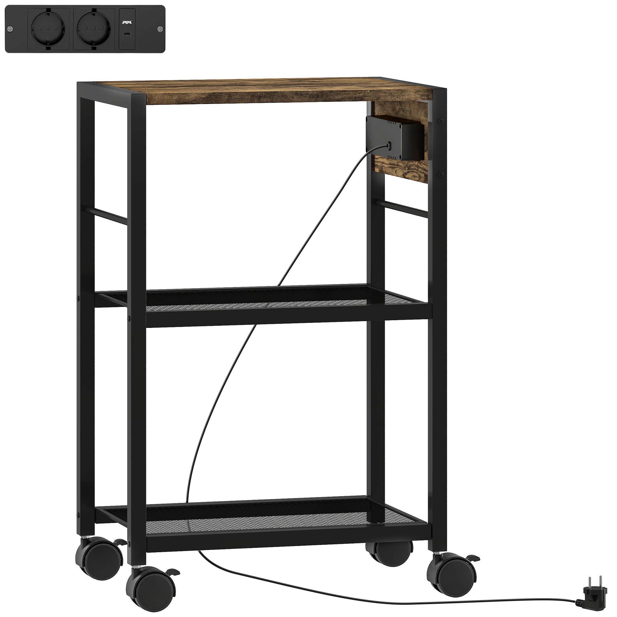 HOMCOM Soporte para Impresora Estante de Impresión con Ruedas, Enchufes, Puertos USB y USB-C hasta 40 kg Marrón Rústico