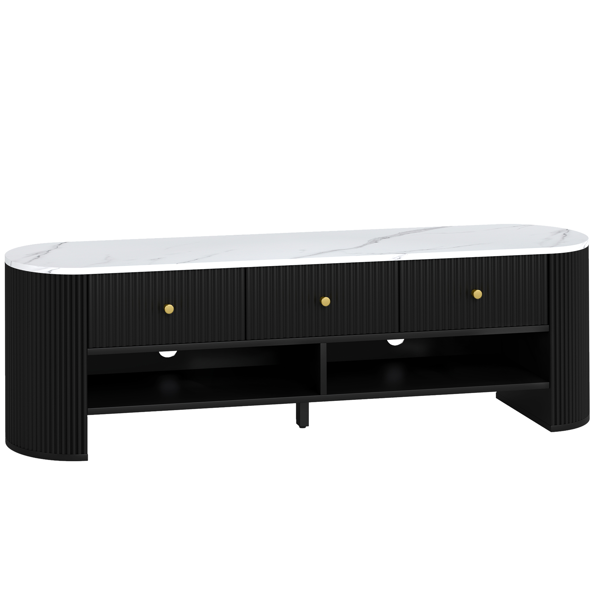 HOMCOM Meuble TV 140 cm, meuble télé pour téléviseur 65 pouces effet marbre avec 3 tiroirs façades à cannelures 2 étagères noir