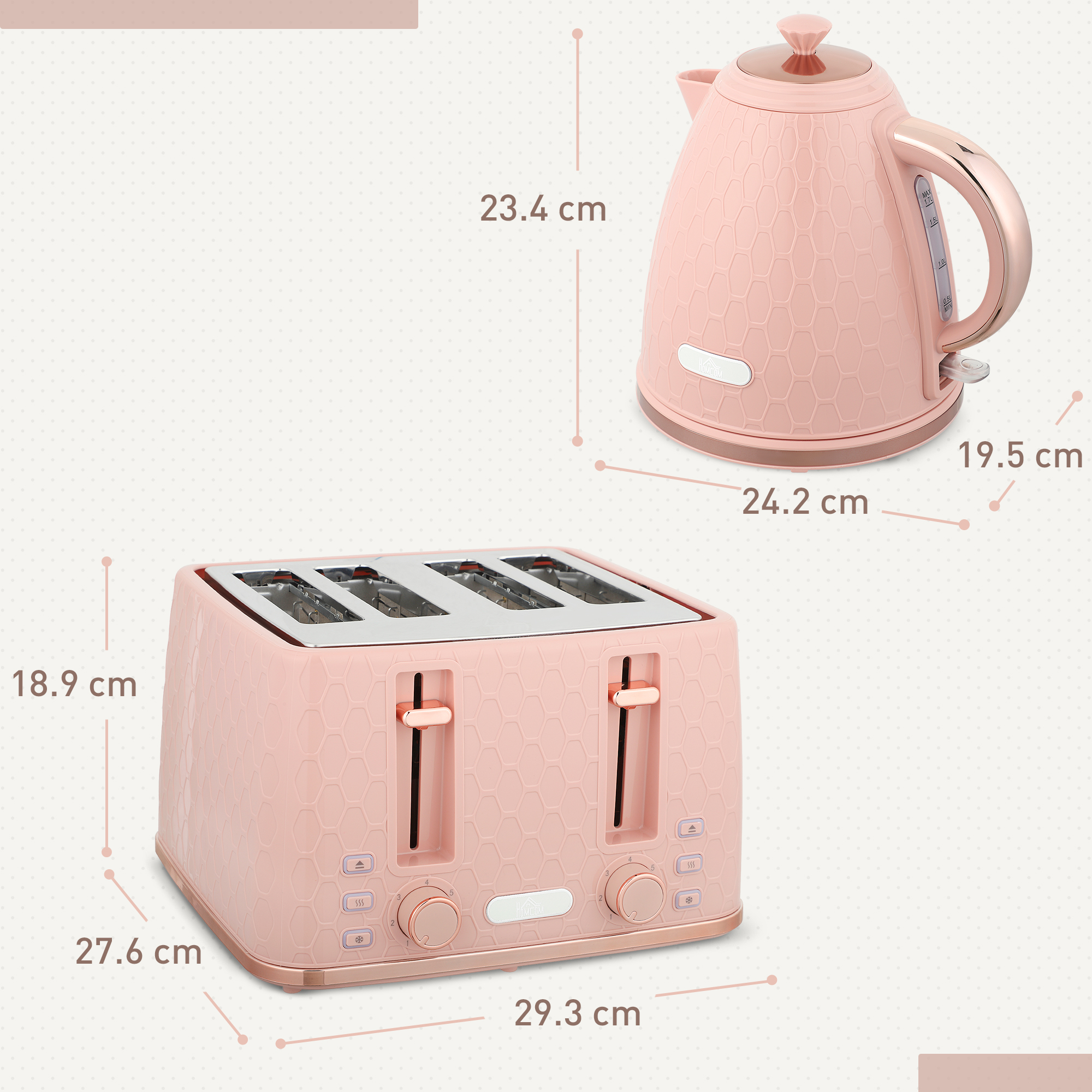 HOMCOM Kettle and Toaster Set, 1.7L 3000W Fast Boil Jug Kettle, 4 Slice Toaster with 7 Level Browning Controls, Light Pink 3