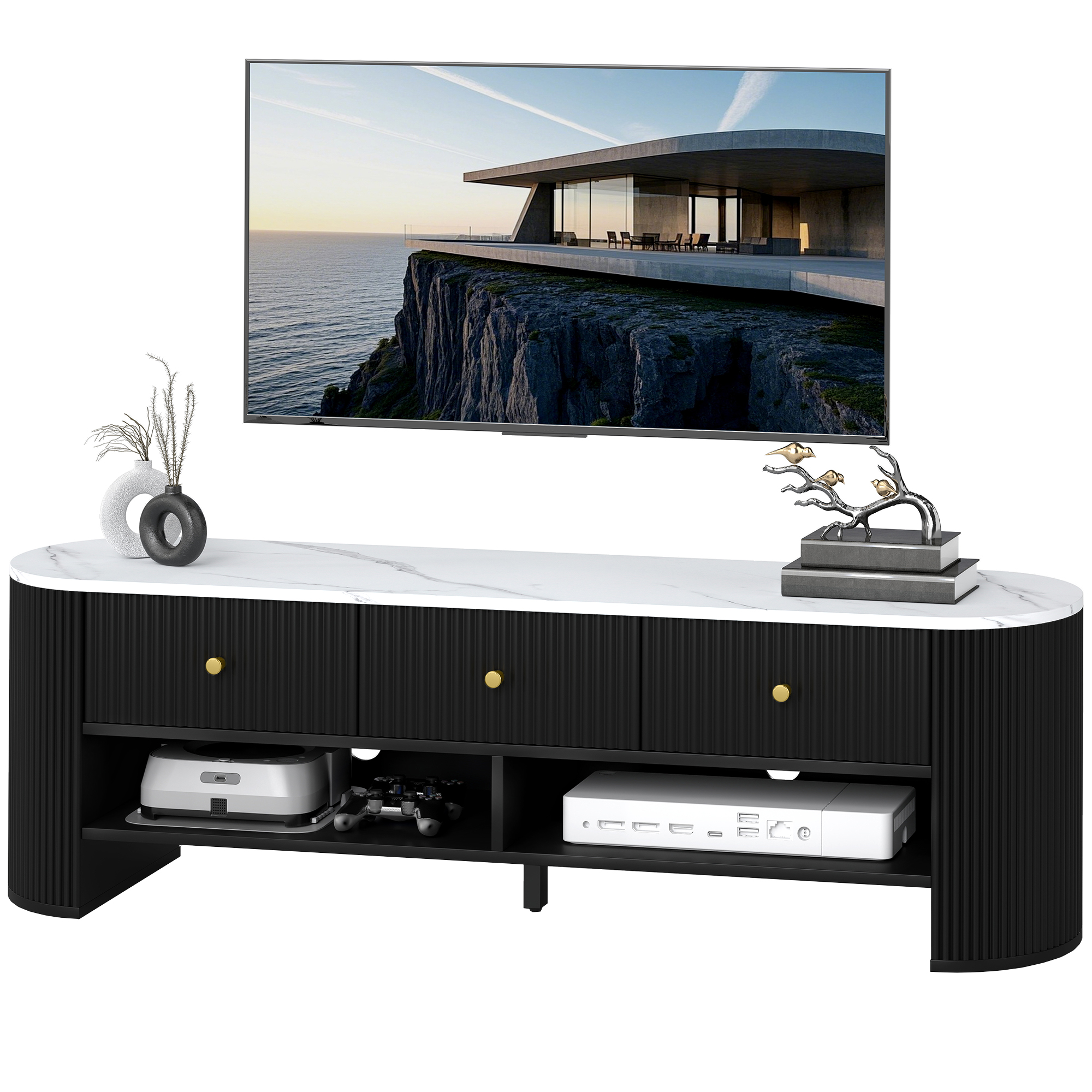 HOMCOM Meuble TV 140 cm, meuble télé pour téléviseur 65 pouces effet marbre avec 3 tiroirs façades à cannelures 2 étagères noir