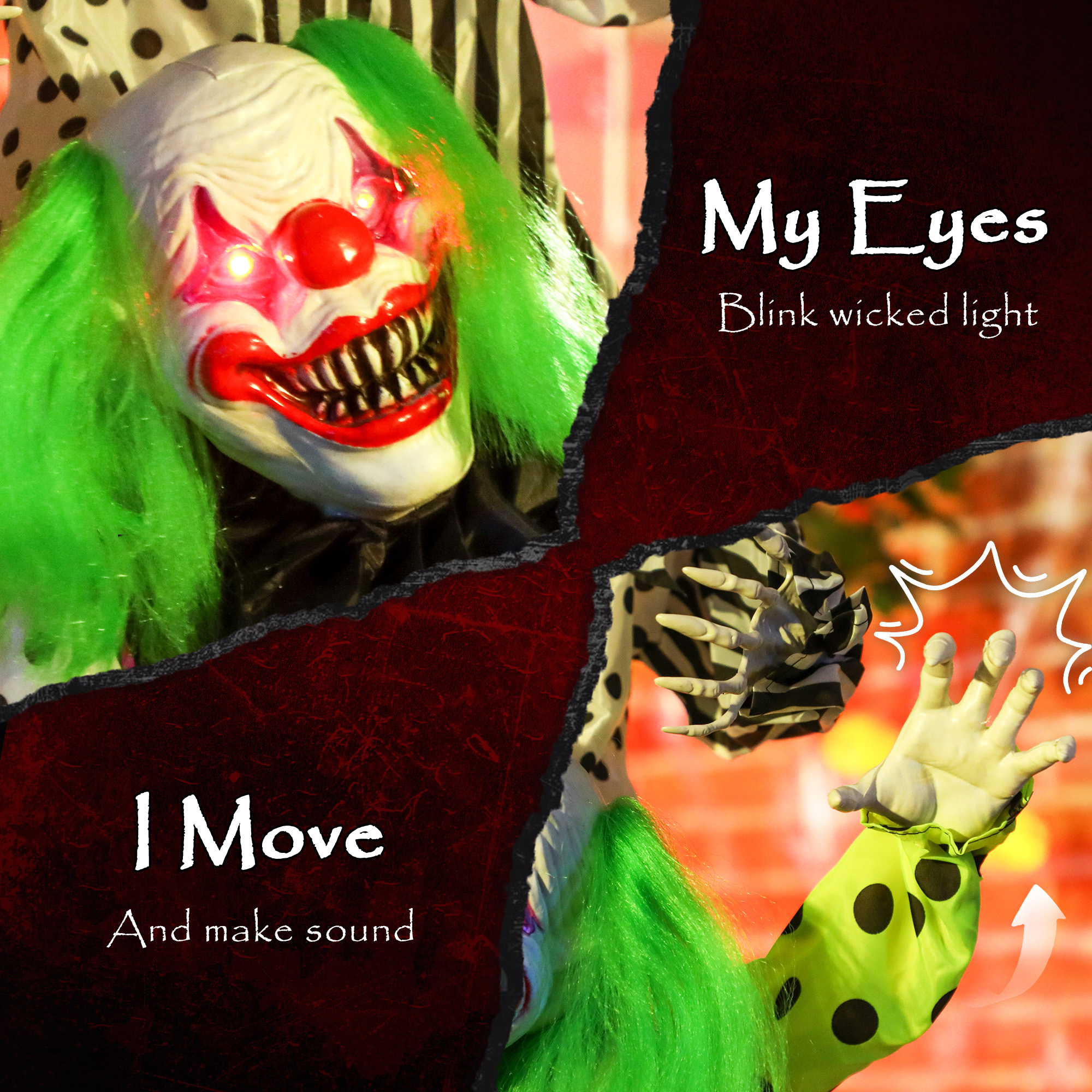 Outsunny Life Size Stackable Halloween Animated Clown with Red Light Up Eyes, Sound Activated Scary Halloween Decorations, Battery Operated, Indoor Party Props 4
