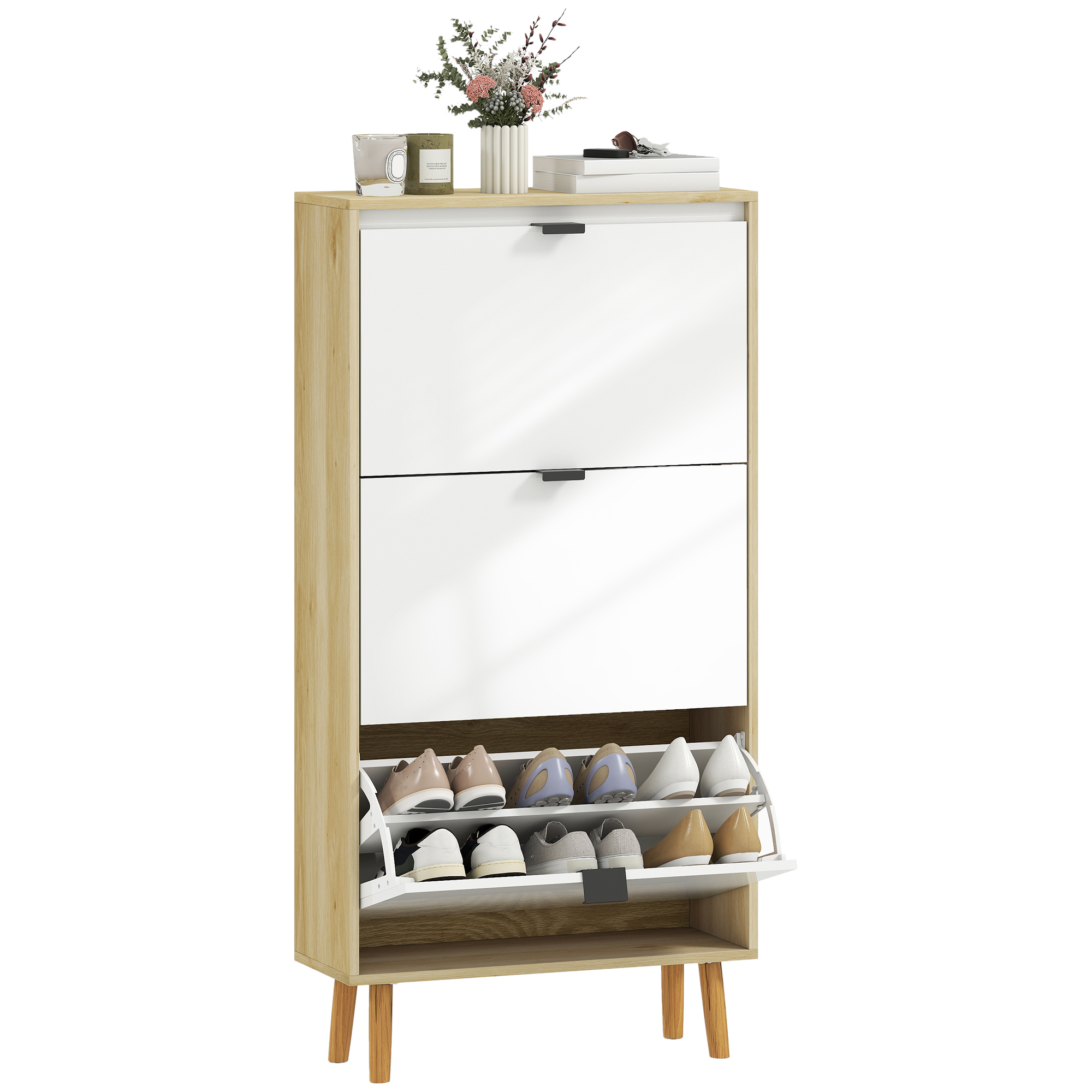 Image of HOMCOM Scarpiera Stretta con 3 Porte in Bianco Lucido Ripiani Regolabili Gambe in Legno per 18 Paia di Scarpe Aosom Italy006