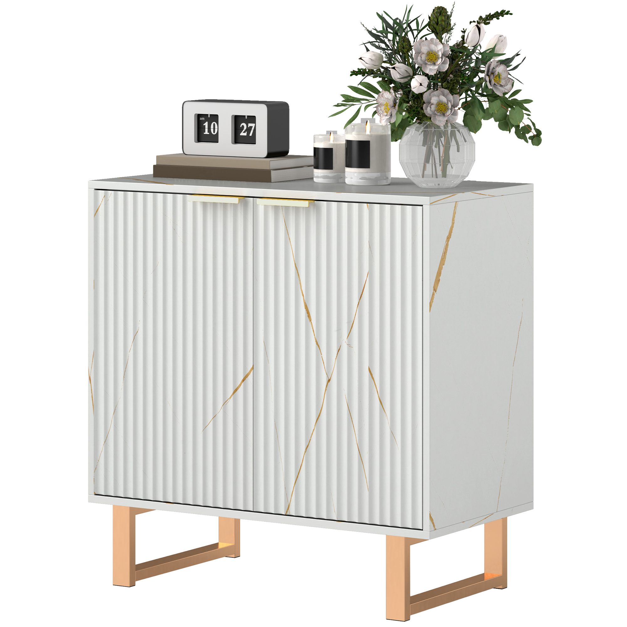 HOMCOM Buffet salon meuble de rangement style moderne avec placard à 2 portes cannelées, étagère réglable, pieds en métal, blanc