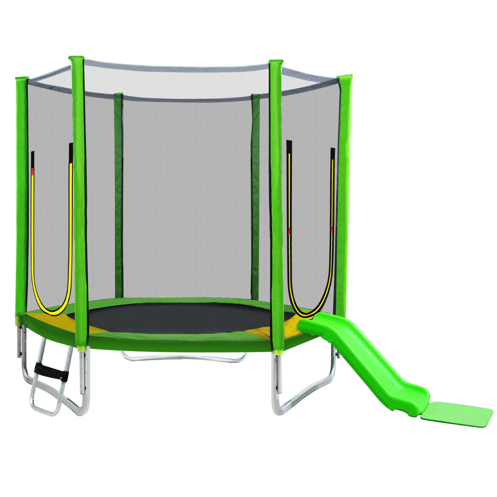Trampolino per bambini da esterno Ø 213 cm con scivolo, scala, rete, doppia porta e pali imbottiti, Verde