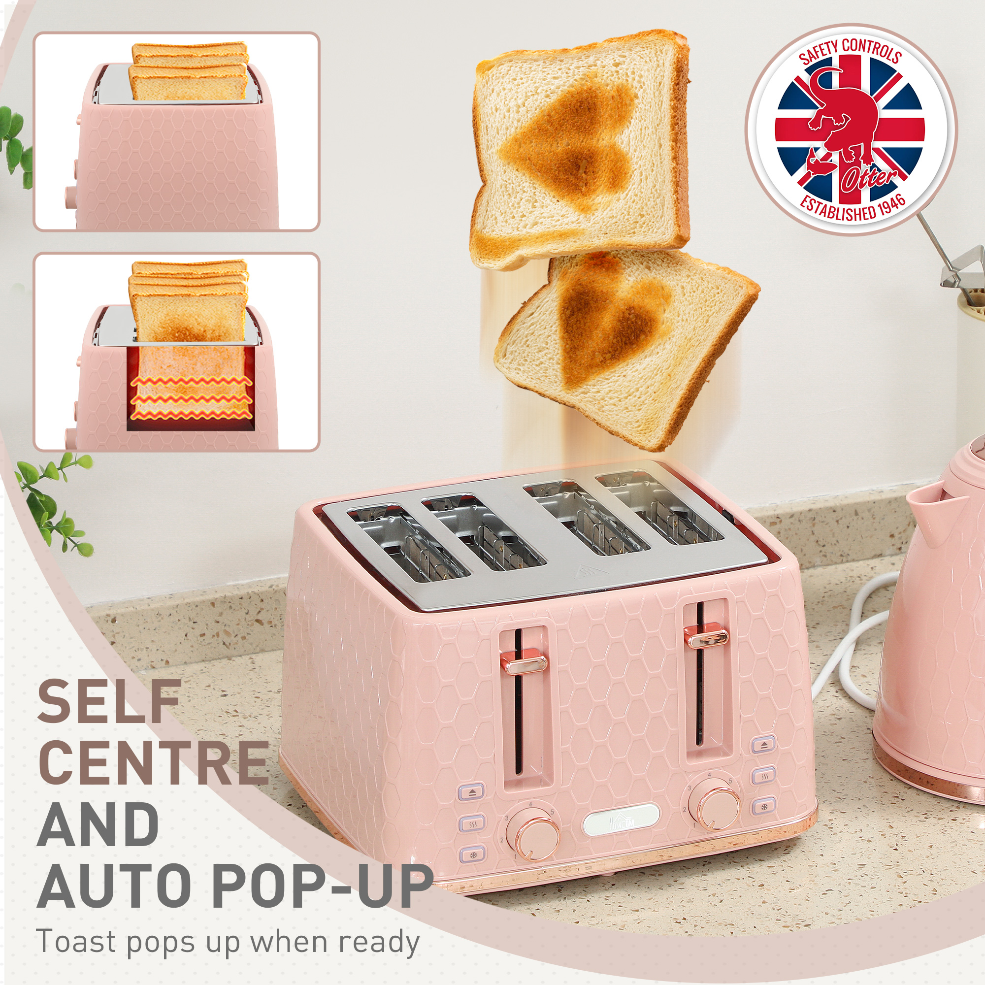 HOMCOM Kettle and Toaster Set, 1.7L 3000W Fast Boil Jug Kettle, 4 Slice Toaster with 7 Level Browning Controls, Light Pink 6