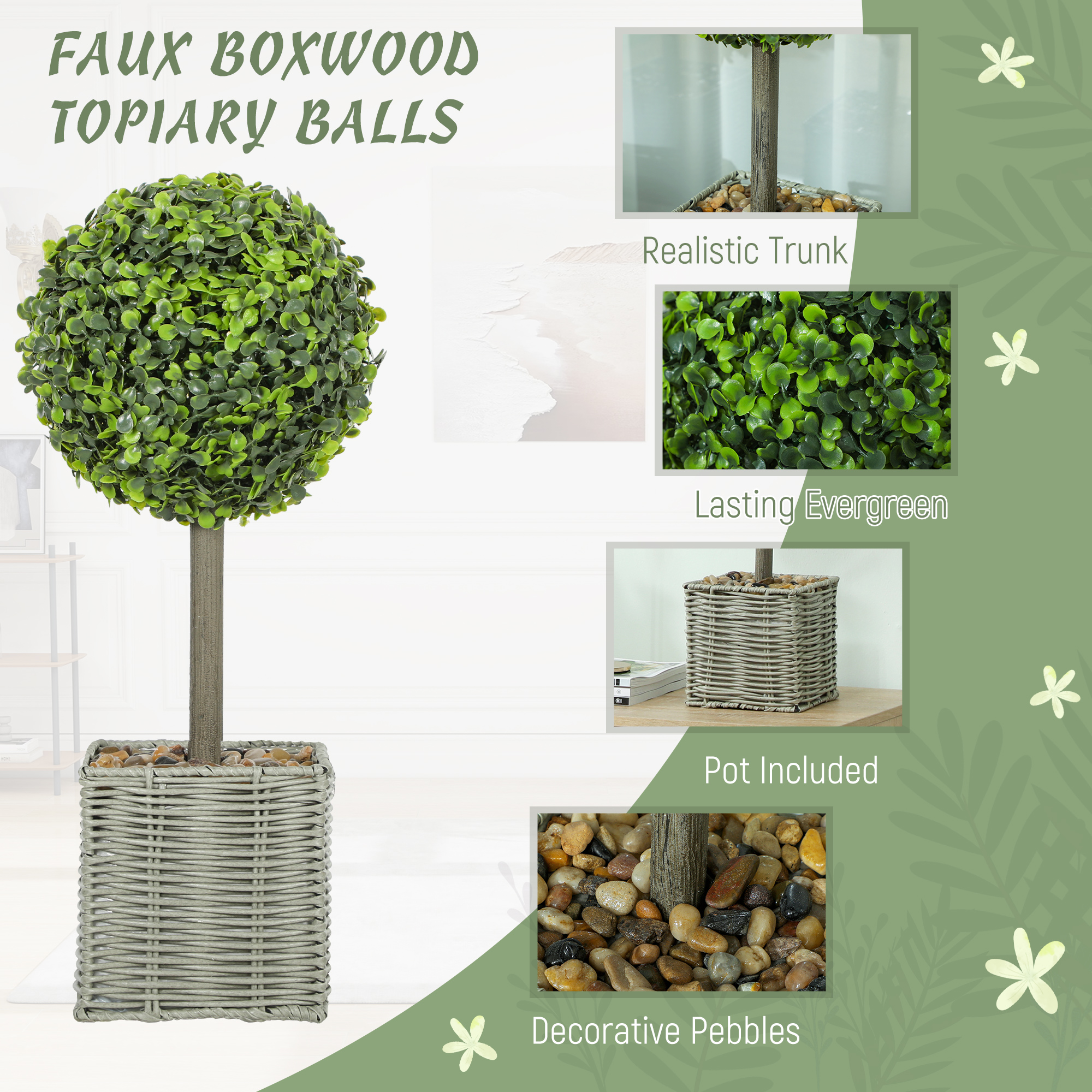 HOMCOM Set of 2 Decorative Artificial Plants, 50cm Faux Boxwood Topiary Balls with Woven Plastic Pot and Pebbles, Fake Plants for Home or Office Decor, Green 4