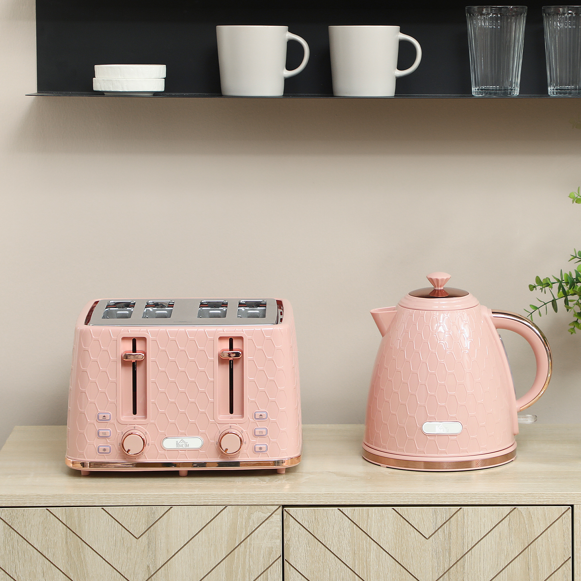 HOMCOM Kettle and Toaster Set, 1.7L 3000W Fast Boil Jug Kettle, 4 Slice Toaster with 7 Level Browning Controls, Light Pink 7