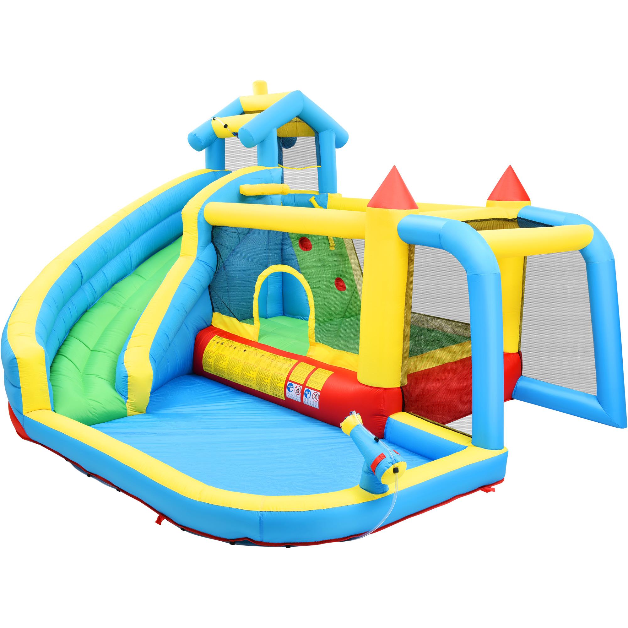 Castillo Hinchable Infantil 5 en 1 con Tobogán, Área de Salto, Piscina de Agua y Red de Fútbol, 364x315x239 cm, Azul | Aosom España