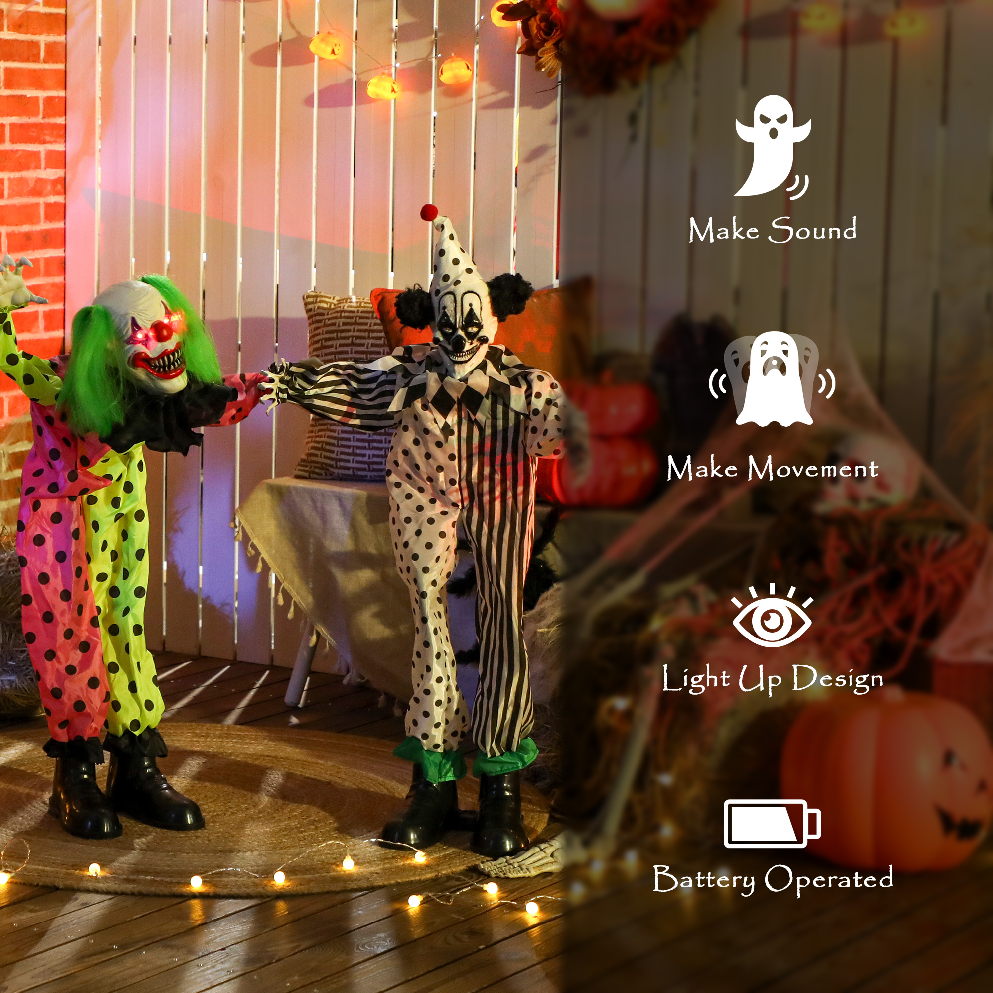 Outsunny Life Size Stackable Halloween Animated Clown with Red Light Up Eyes, Sound Activated Scary Halloween Decorations, Battery Operated, Indoor Party Props 6
