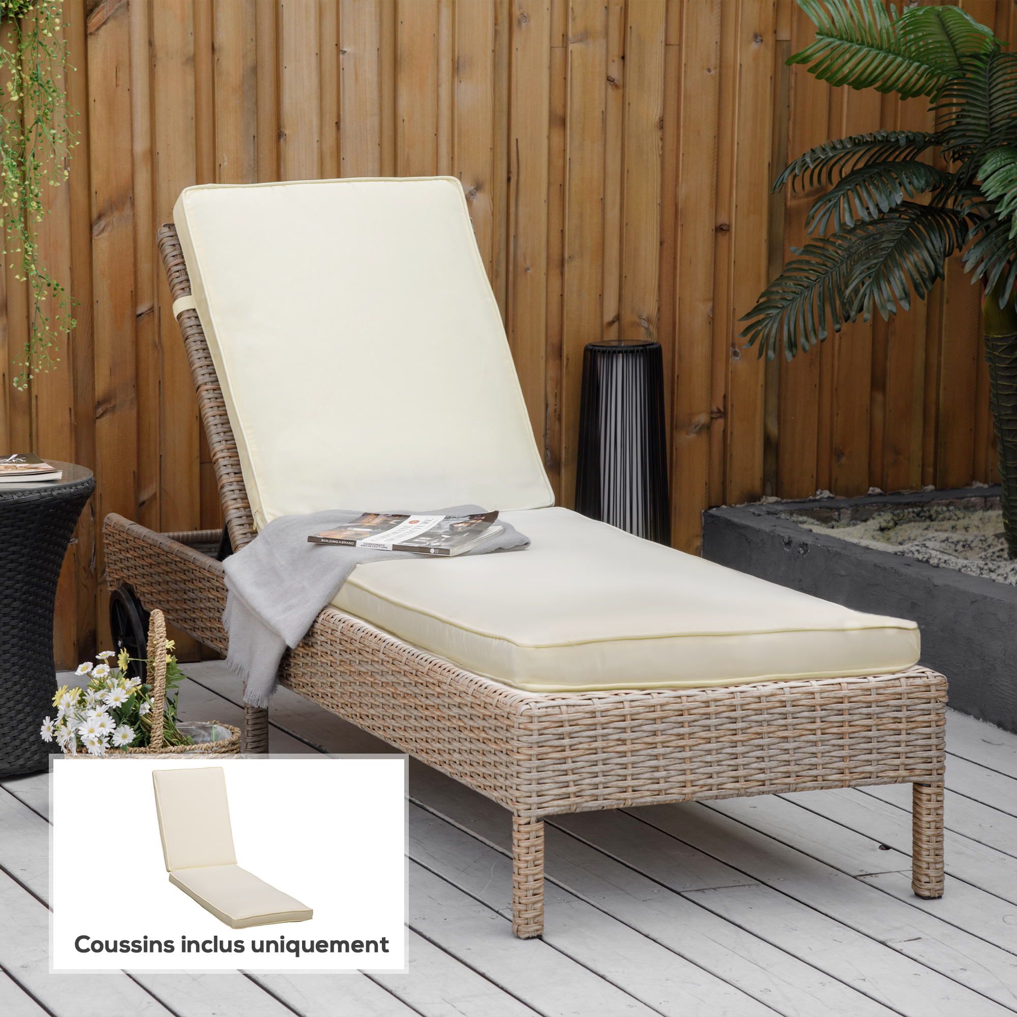 Outsunny Coussin De Chaise Longue 188x53x8 Cm Crème - Matelas Confortable Pour Transat Extérieur