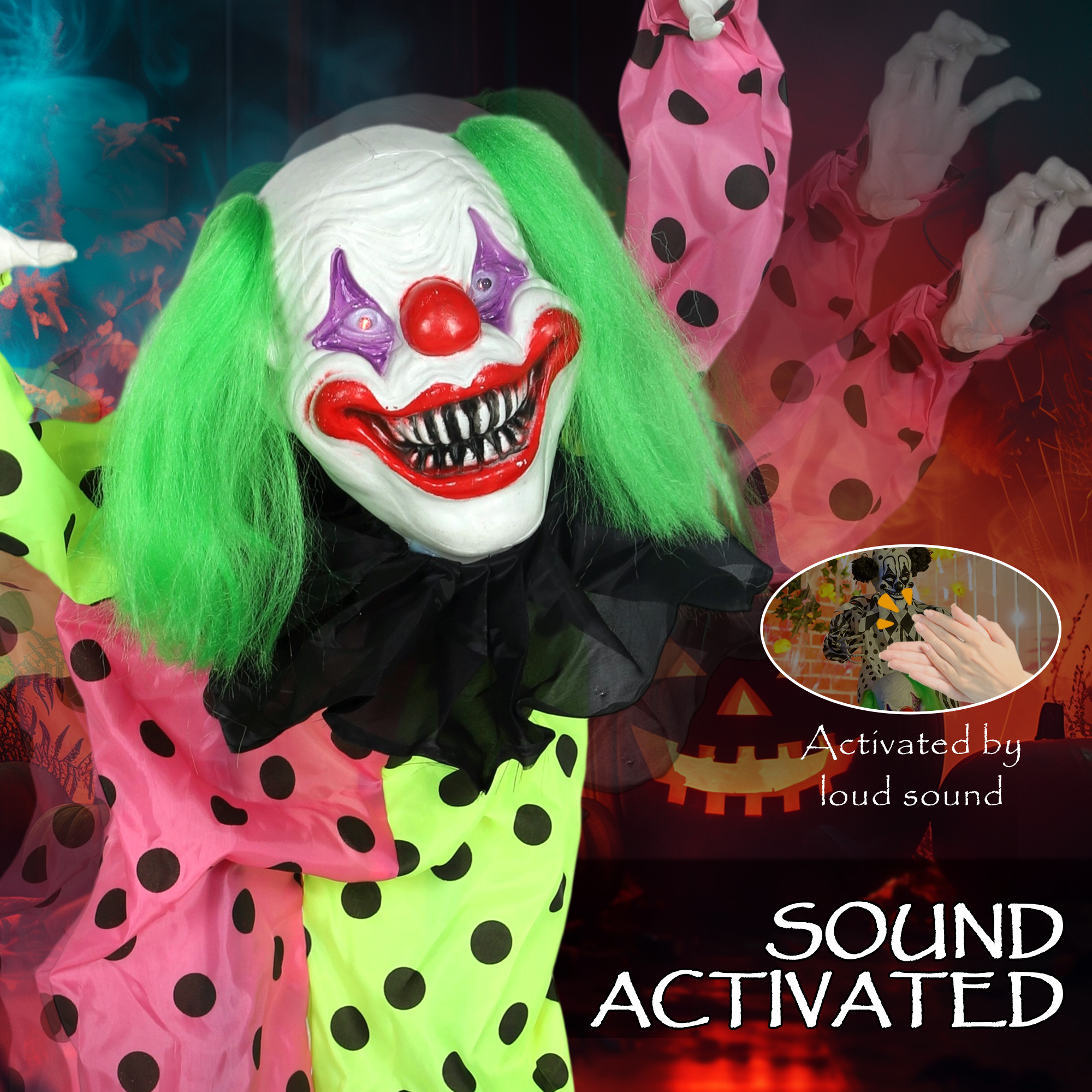 Outsunny Life Size Stackable Halloween Animated Clown with Red Light Up Eyes, Sound Activated Scary Halloween Decorations, Battery Operated, Indoor Party Props 5