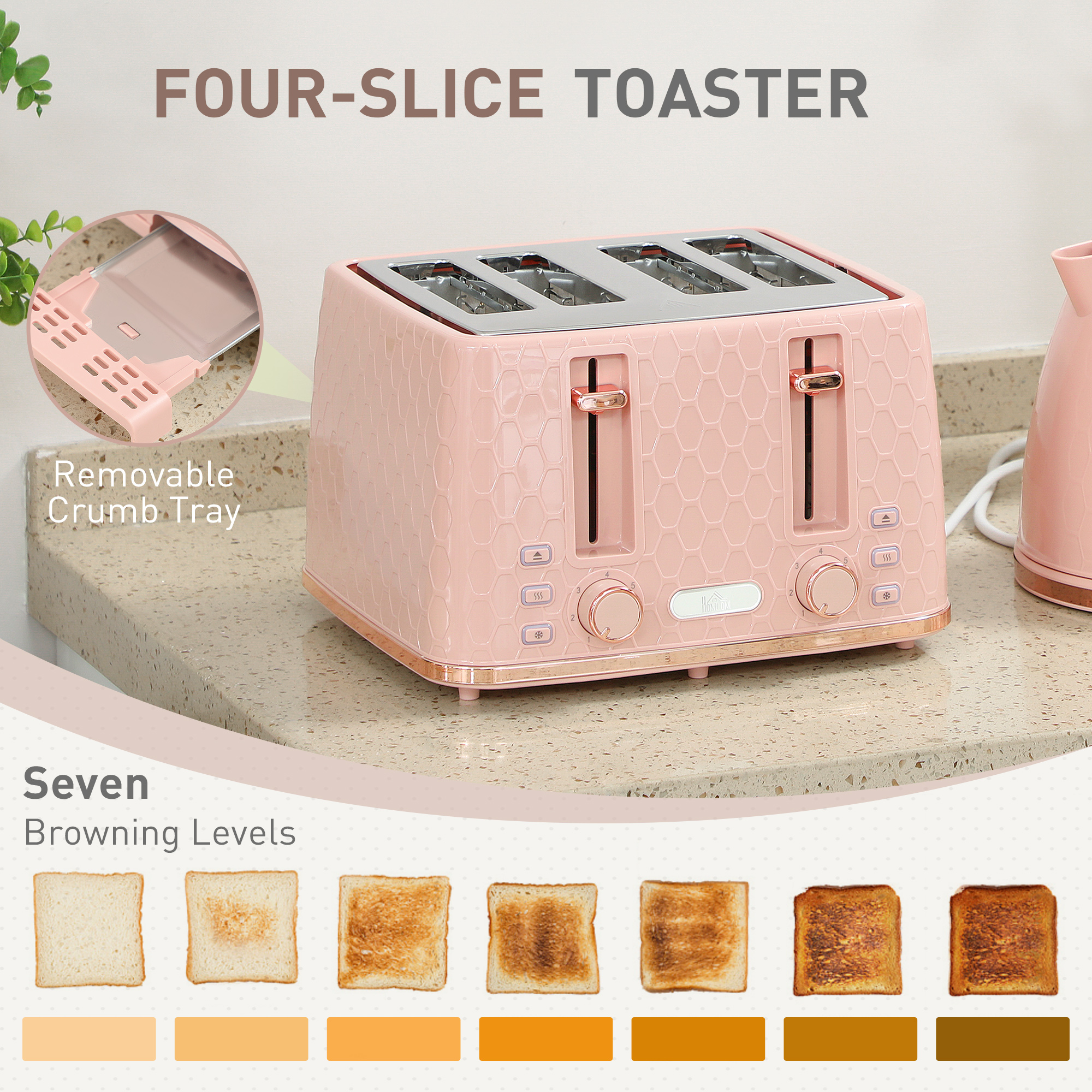 HOMCOM Kettle and Toaster Set, 1.7L 3000W Fast Boil Jug Kettle, 4 Slice Toaster with 7 Level Browning Controls, Light Pink 5