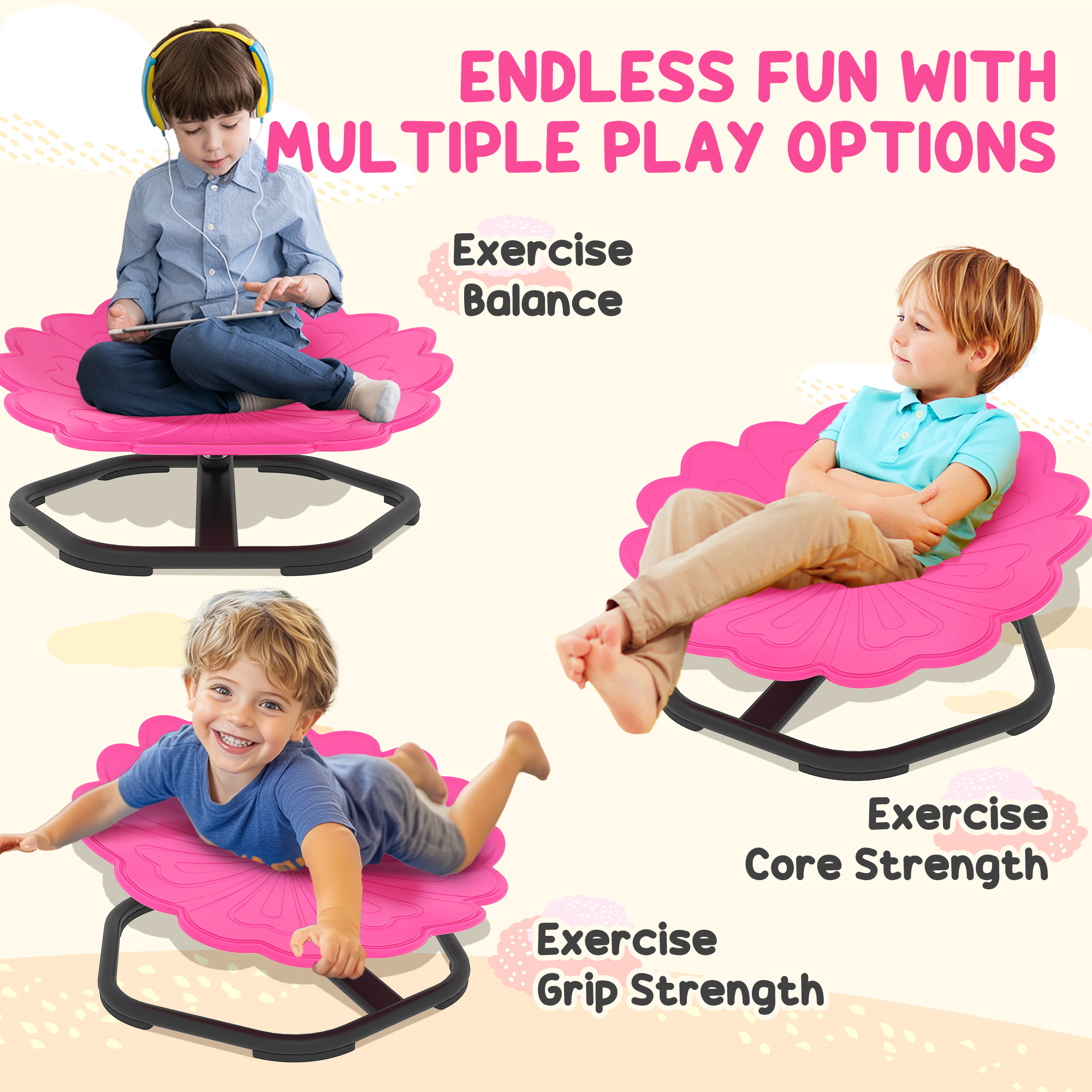 AIYAPLAY Flower-Shaped Sensory Spinning Chair with Non-Slip Base for Balance/Coordination, Pink 6
