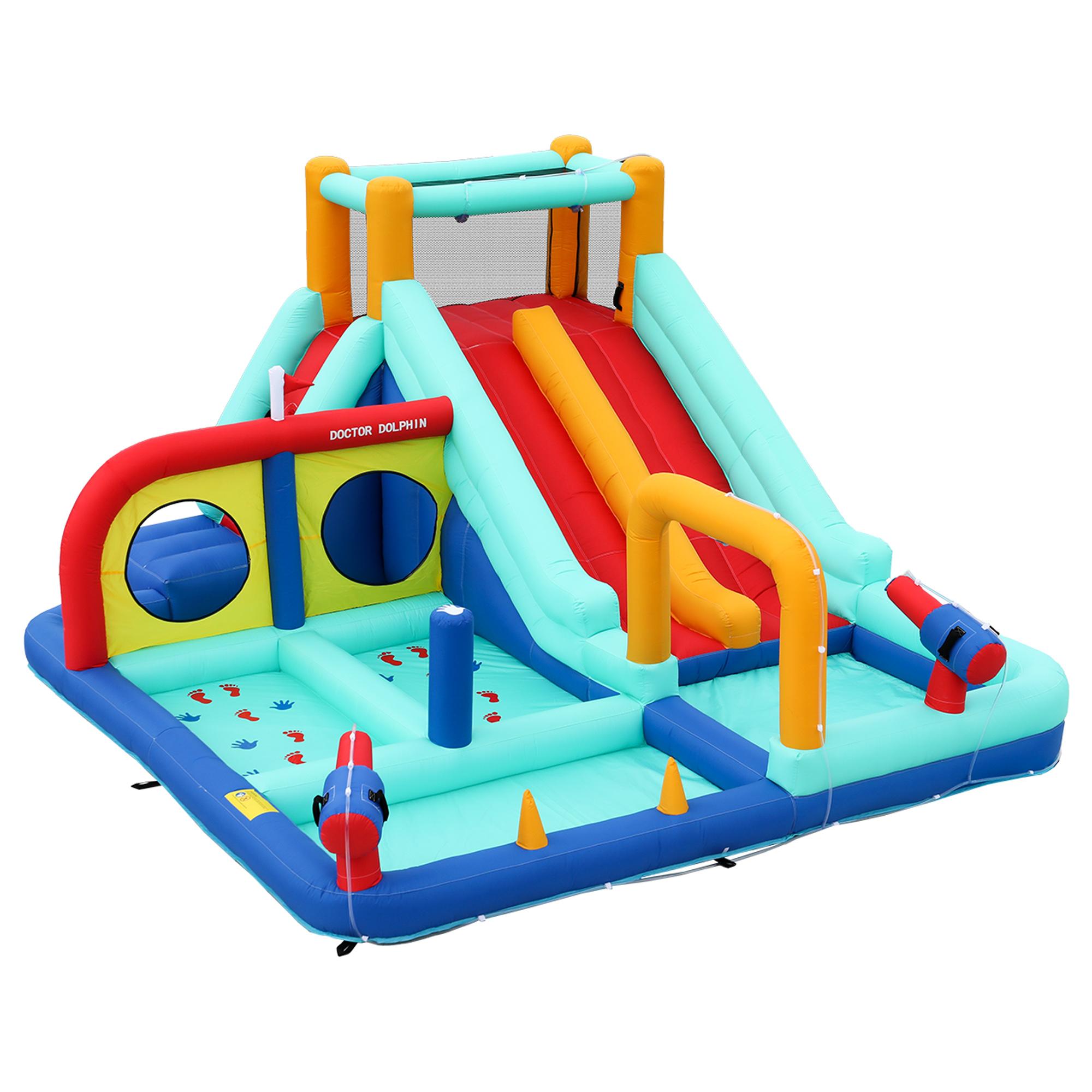 Château gonflable pour enfants, parc aquatique multifonctionnel extérieur avec soufflerie, doubles toboggans, mur d'escalade et pistolet à eau, 365x450x217 cm, Bleu