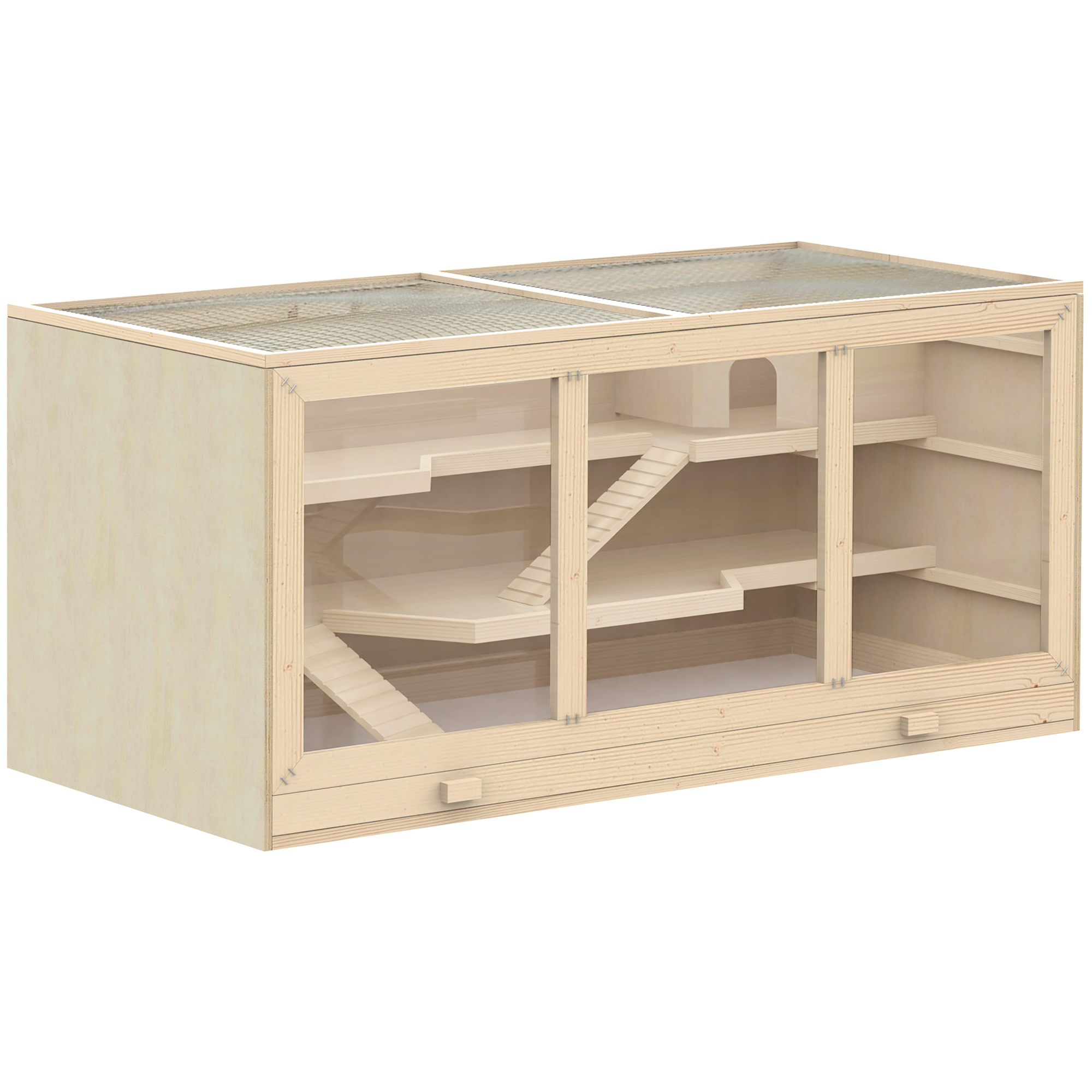 PawHut hamsterkooi, knaagdierenkooi met trappetjes, drie verdiepingen, stevig massief hout, PVC, natuurlijk, 75 x 50 x 120 cm | Aosom.nl