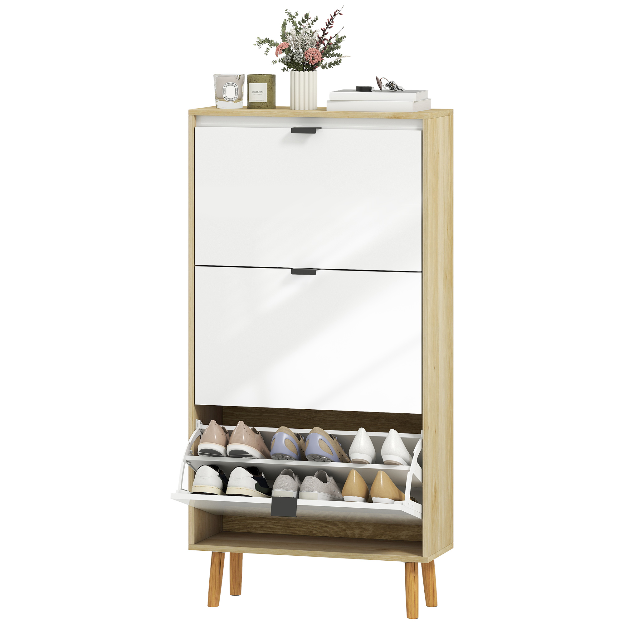 HOMCOM Meuble à chaussures, armoire à chaussures étroite, 3 tiroirs rabattables, porte haute brillante, 60x24x127cm, blanc