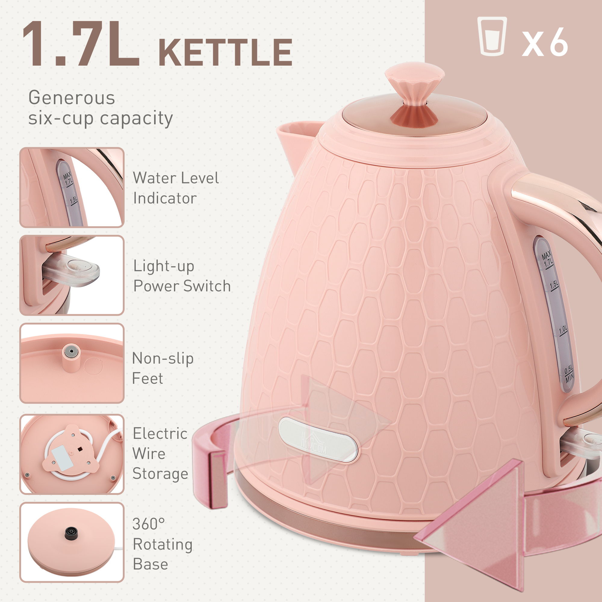 HOMCOM Kettle and Toaster Set, 1.7L 3000W Fast Boil Jug Kettle, 4 Slice Toaster with 7 Level Browning Controls, Light Pink 4