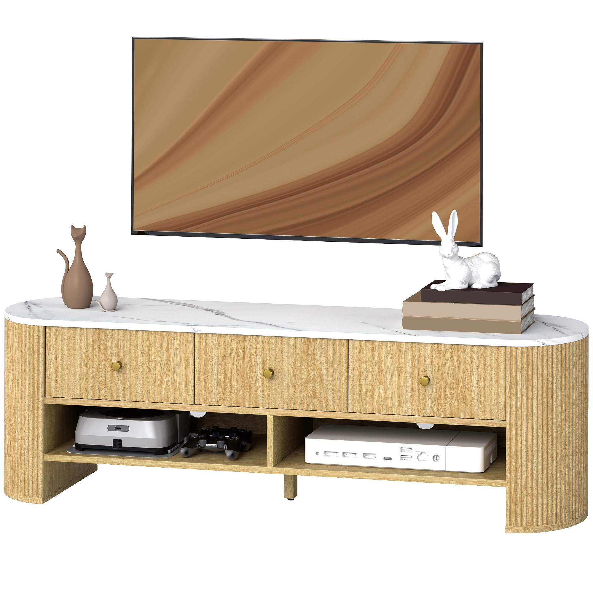 HOMCOM Meuble TV 140 cm, meuble télé pour téléviseur 65 pouces effet marbre 3 tiroirs façades à cannelures effet bois naturel