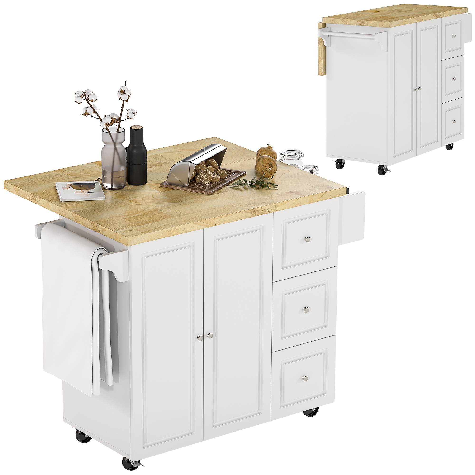 HOMCOM Kücheninsel mobiler Küchenwagen mit Arbeitsplatte Rollen Schublade verstellbares Regal Gummiholz Weiß Natur 1115x450-750x890cm Aosom.de