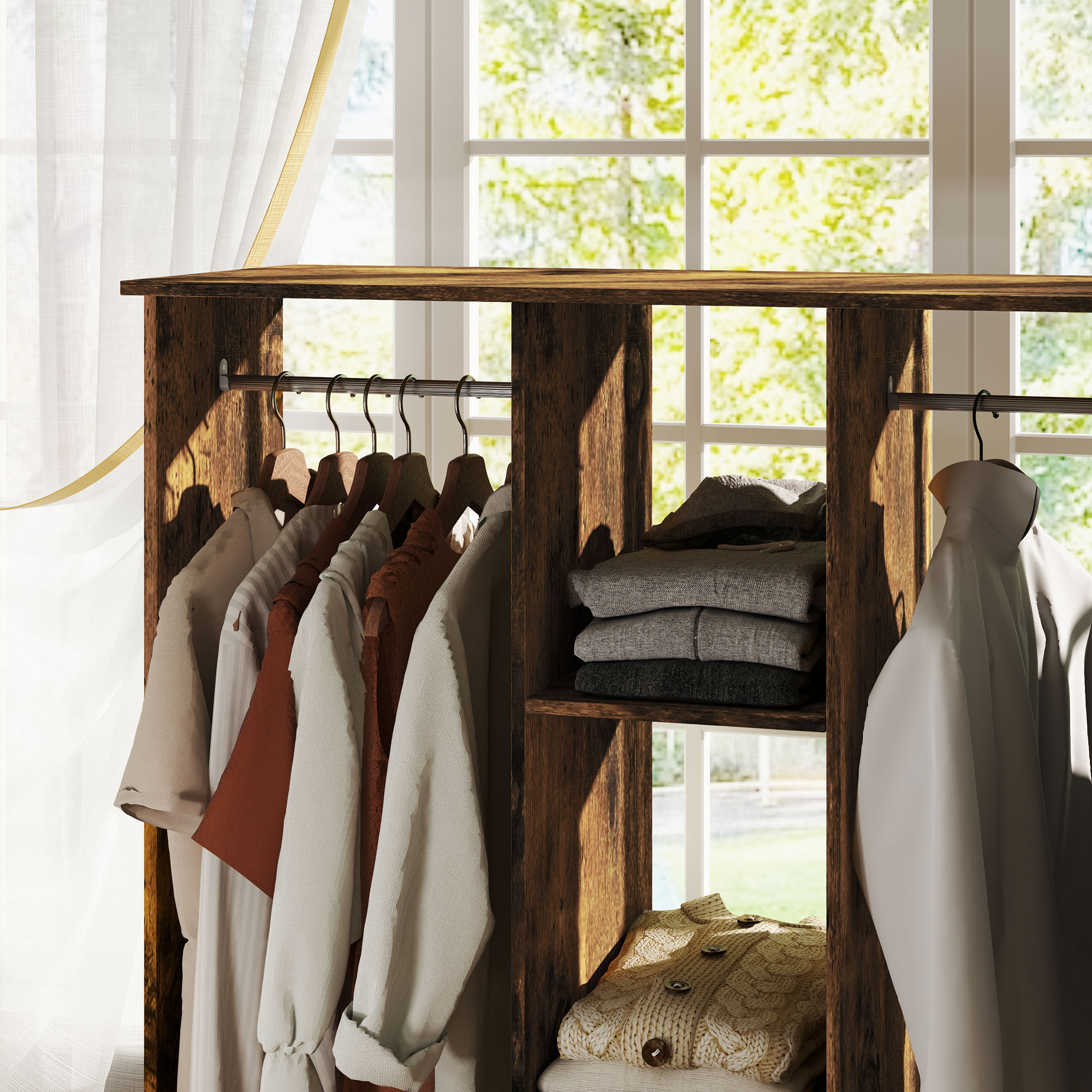 Armadio Mobile Con Ruote E Tenda - 120L X 40P X 128H Cm, 6 Ruote, Struttura In Legno E Alluminio, 2 Barre E 3 Ripiani