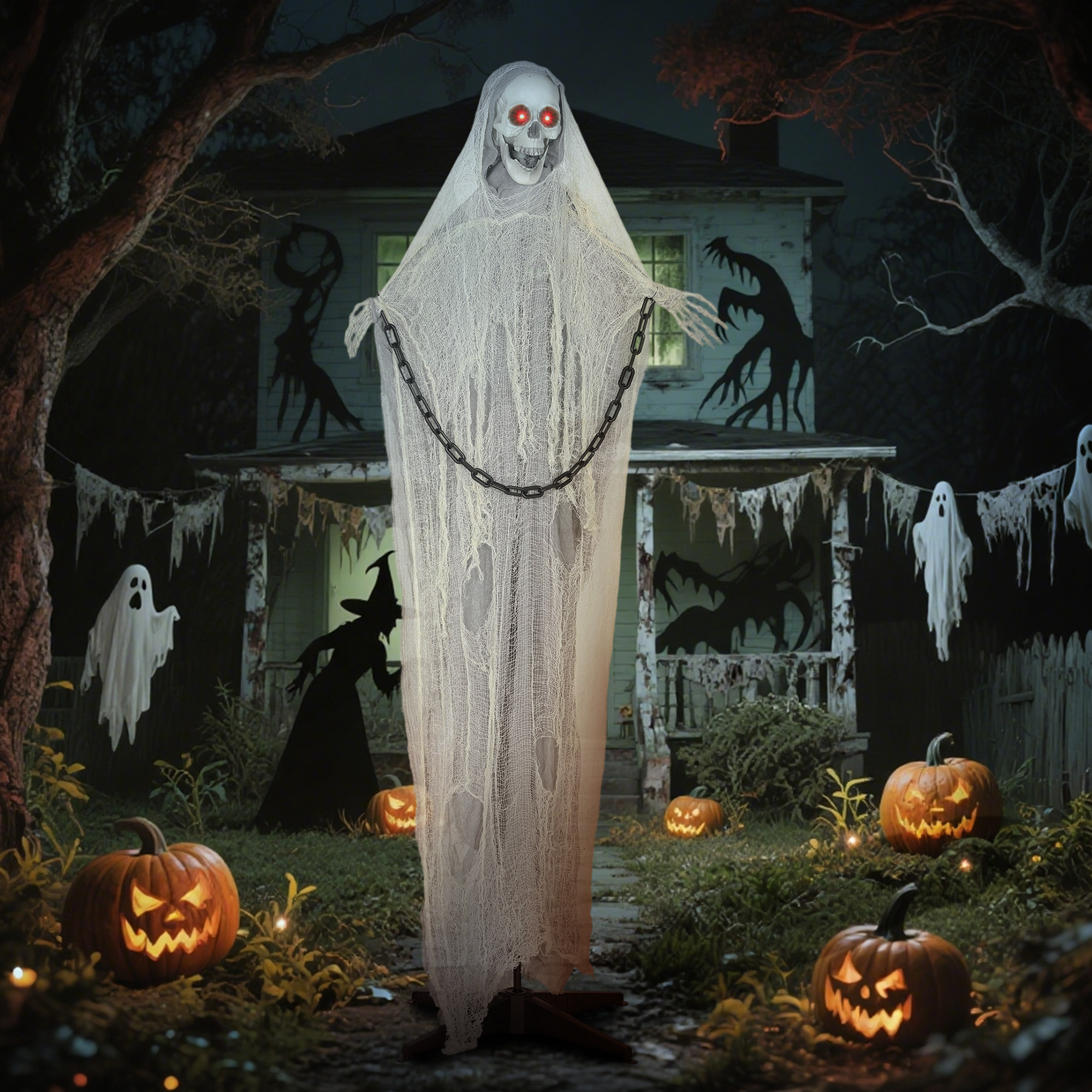 Outsunny 183 cm Life Size Halloween Animated Skeleton Grim Reaper with Glowing LED Eyes, Scary Halloween Decorations, Battery Operated, Indoor Party Props 8