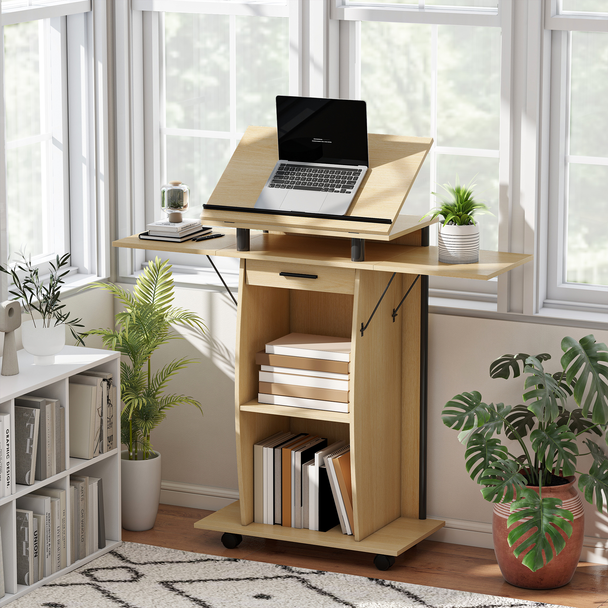 HOMCOM Podium de conférence roulant, pupitre avec panneaux latéraux pliants, bureau pour ordinateur portable avec tiroir et étagères, aspect chêne