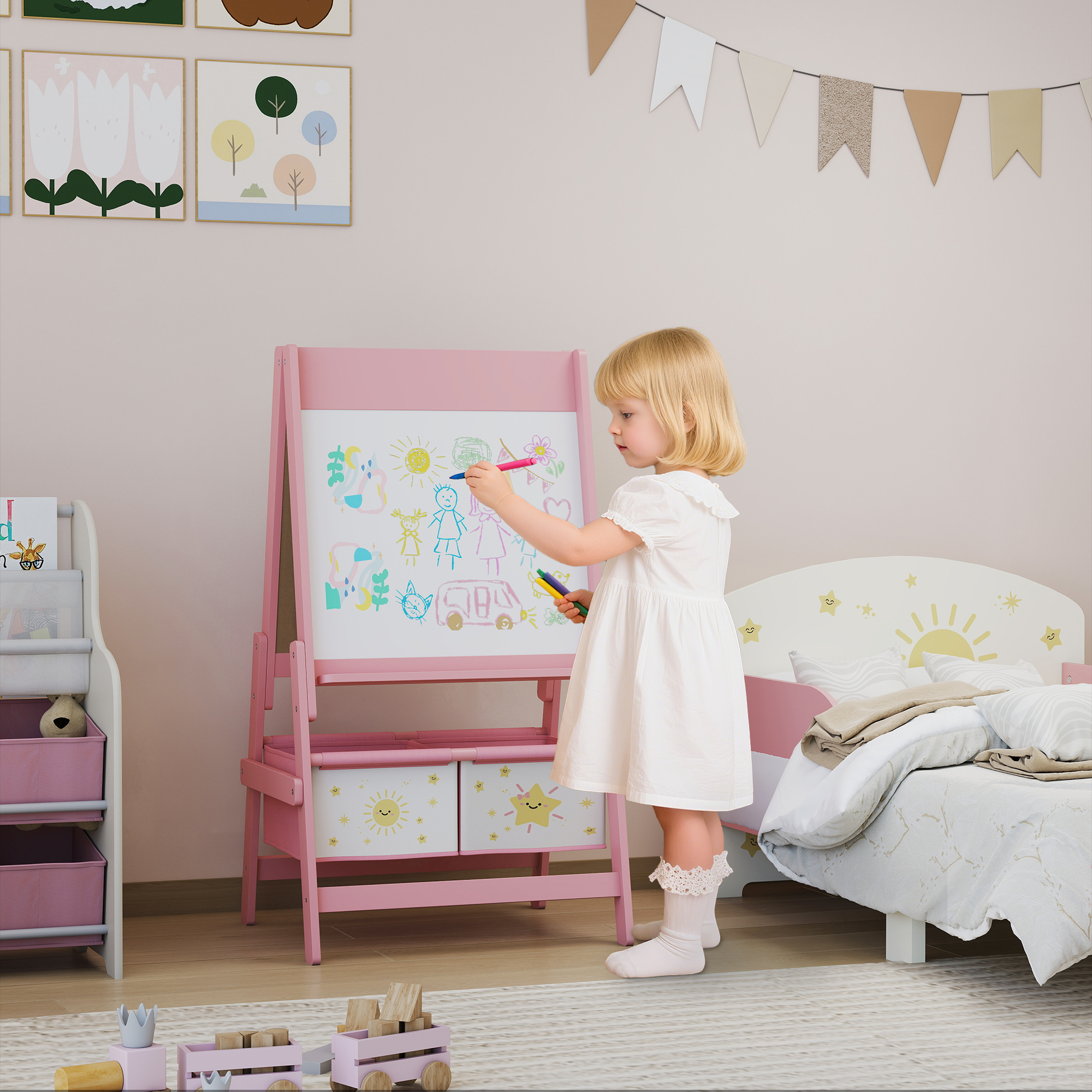 AIYAPLAY Art Easel for Kids, Double-Sided Whiteboard/Blackboard with Paper Roll, Two Storage Boxes, for Ages 3-8 Years, Pink 2