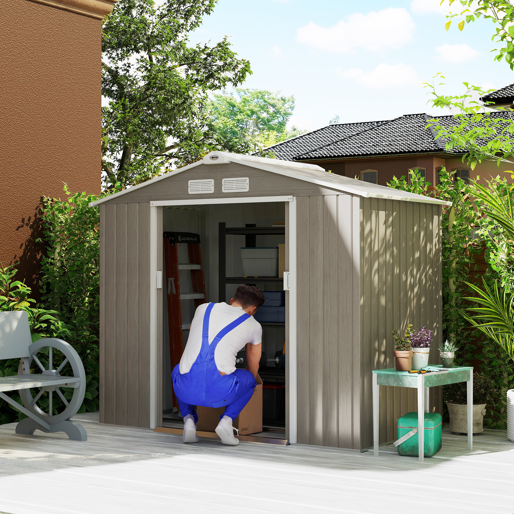 Outsunny 7 x 4ft Metal Garden Storage Shed with Vents, Floor Foundation Kit and Lockable Double Doors, Light Brown 2