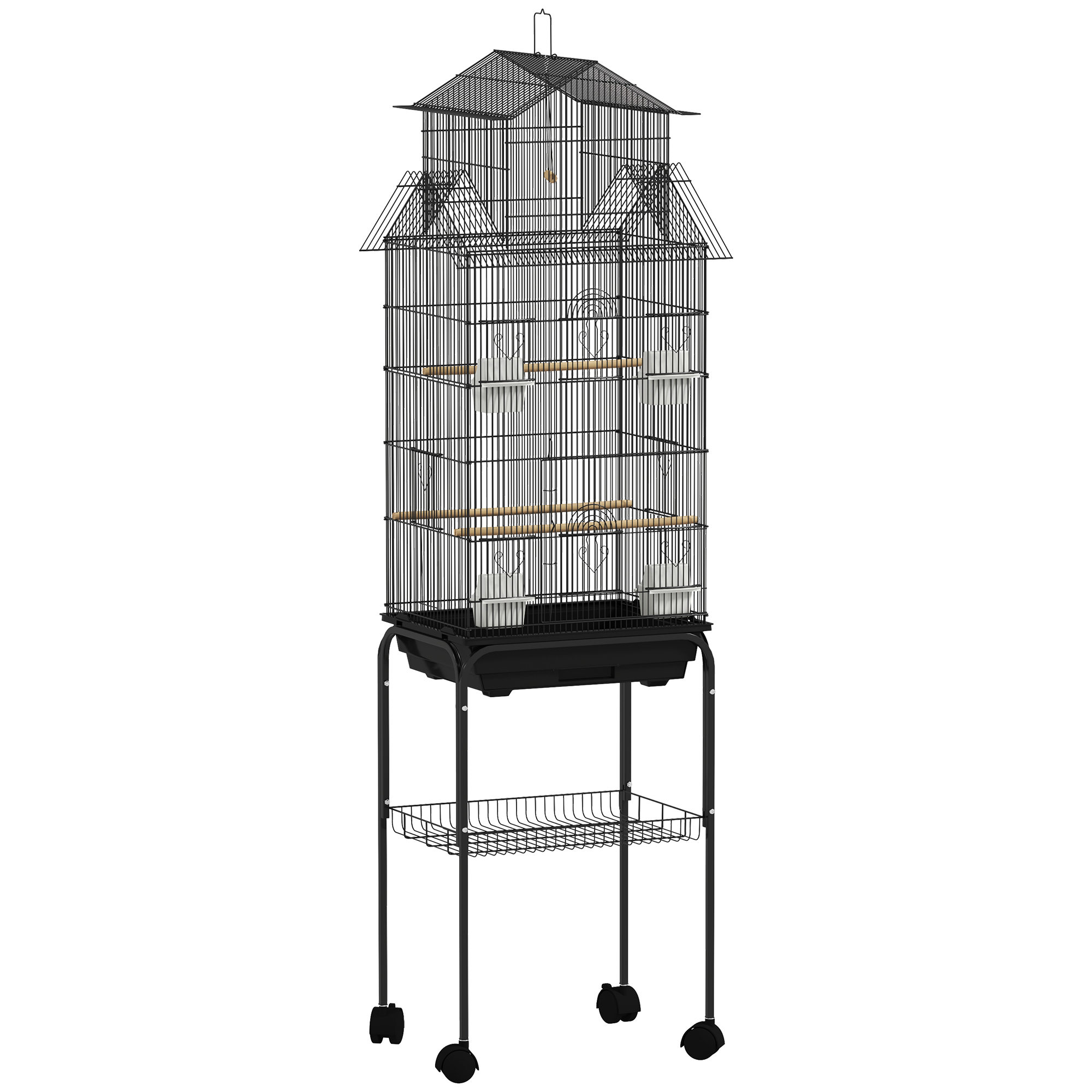 PawHut Cage à oiseaux design maison mangeoires perchoirs portes plateau excrément amovible poignée transport 50,5x41x163cm noir