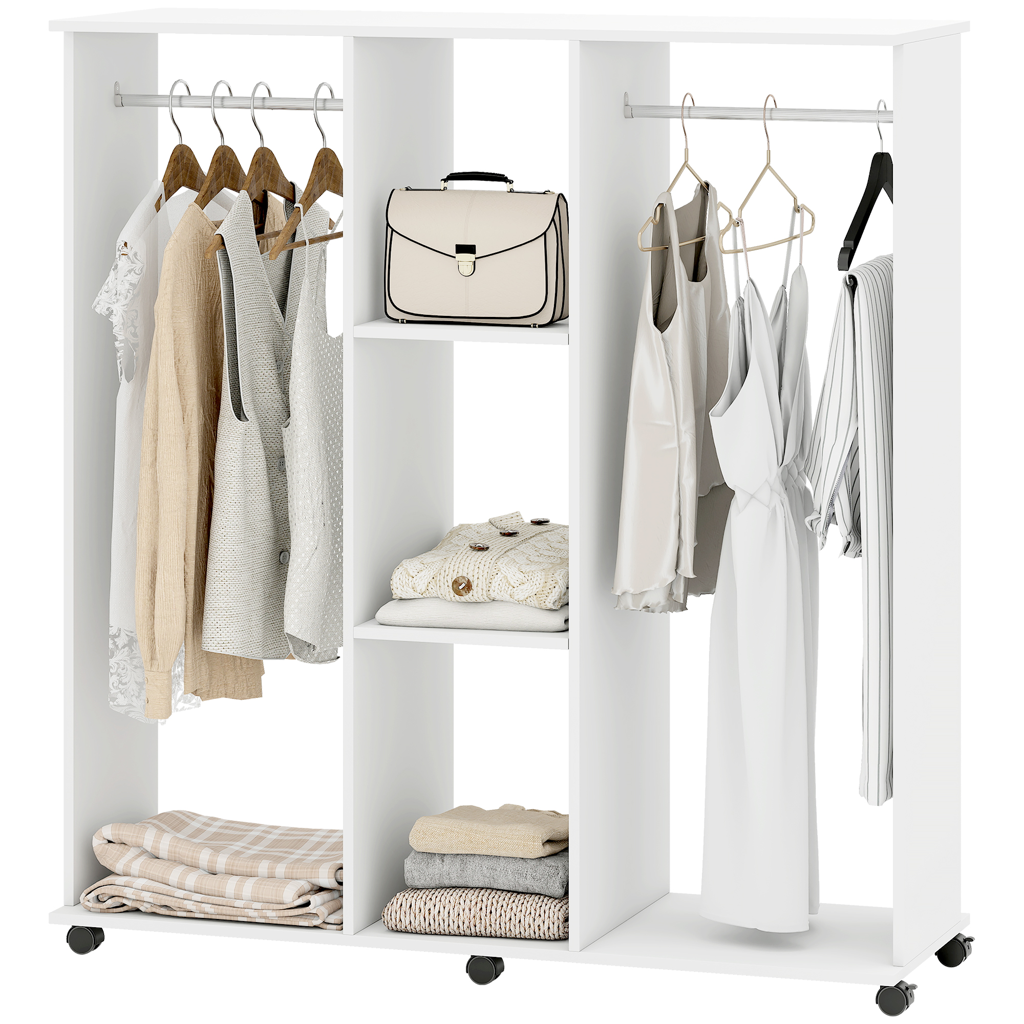 HOMCOM Armoire penderie meuble de rangement mobile 6 roulettes 120 x 40 x 128 cm en bois blanc
