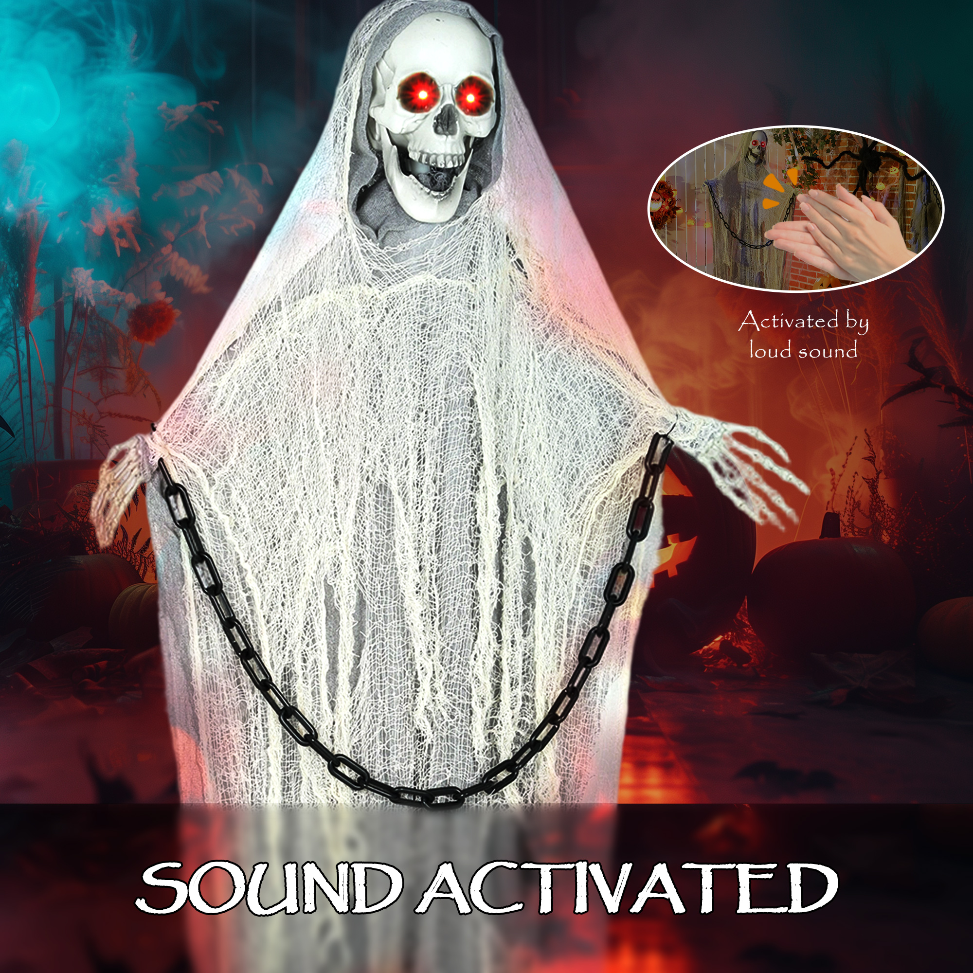 Outsunny 183 cm Life Size Halloween Animated Skeleton Grim Reaper with Glowing LED Eyes, Scary Halloween Decorations, Battery Operated, Indoor Party Props 5
