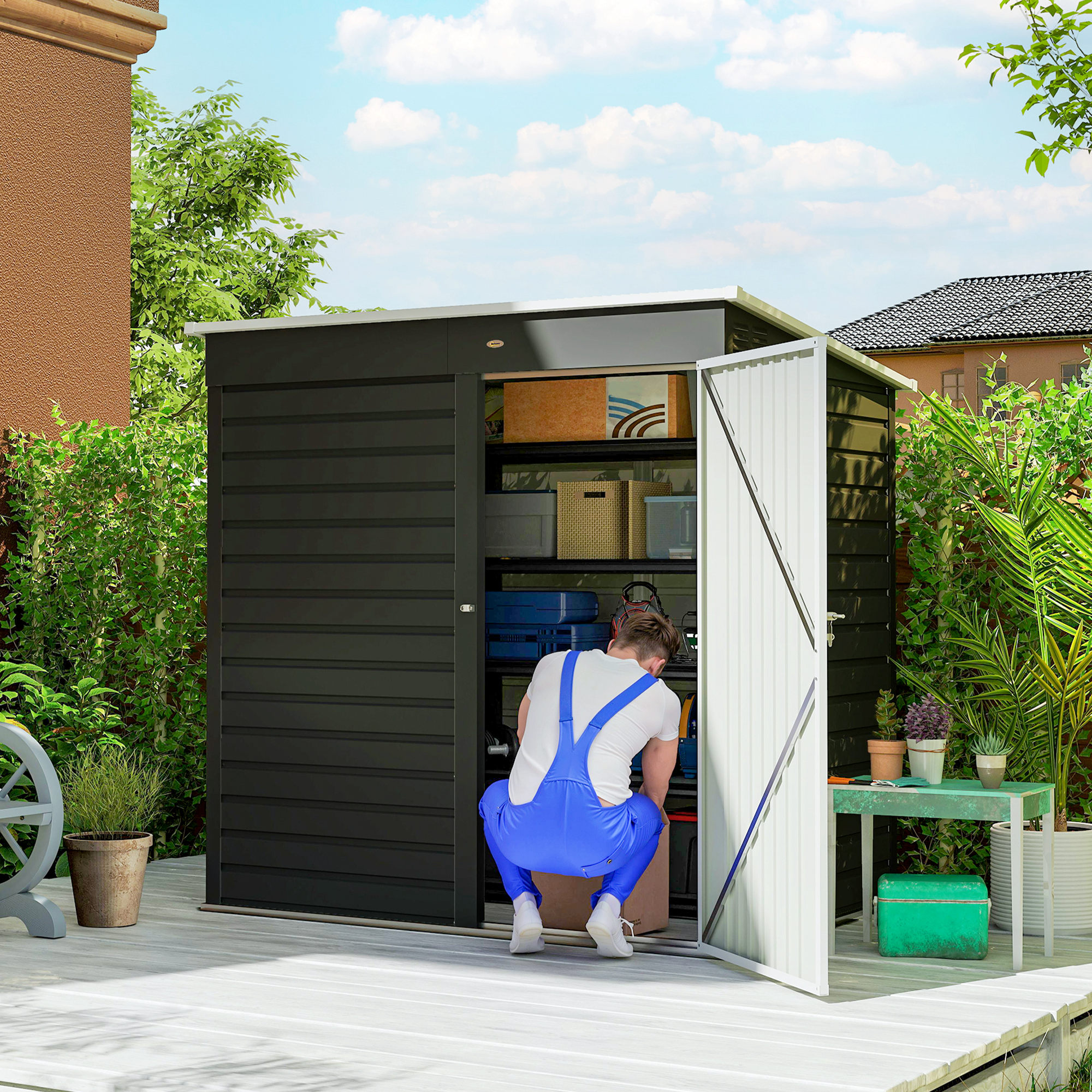 Outsunny 6 x 4ft Metal Garden Storage Shed, Outdoor Tool Storage Shed with Lockable Door and Gloves for Garden, Patio, Dark Grey