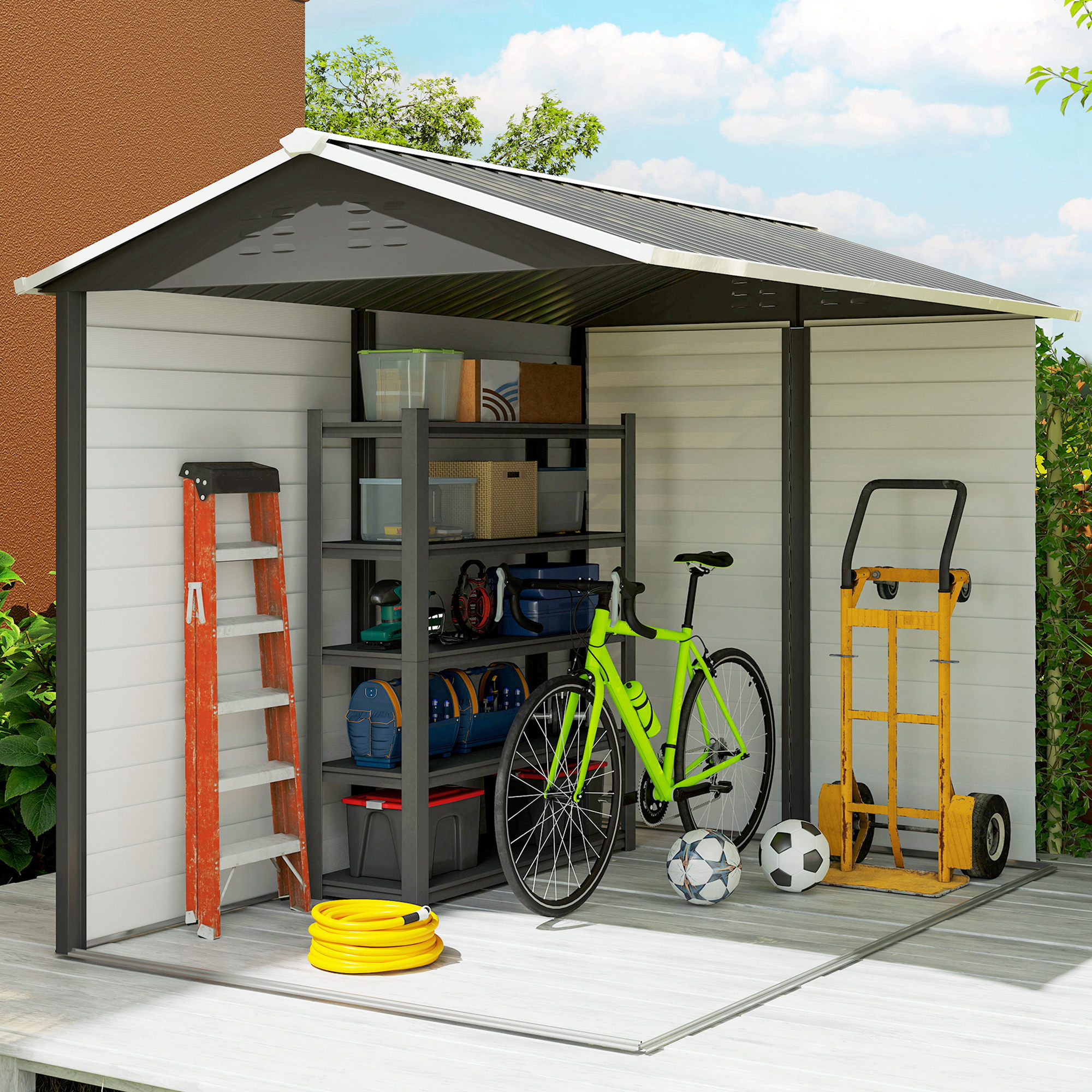 Outsunny 9x 6FT Metal Outdoor Garden Shed, Galvanised Tool Storage Shed w/ Sloped Roof, Lockable Door for Patio Lawn, Dark Grey 8