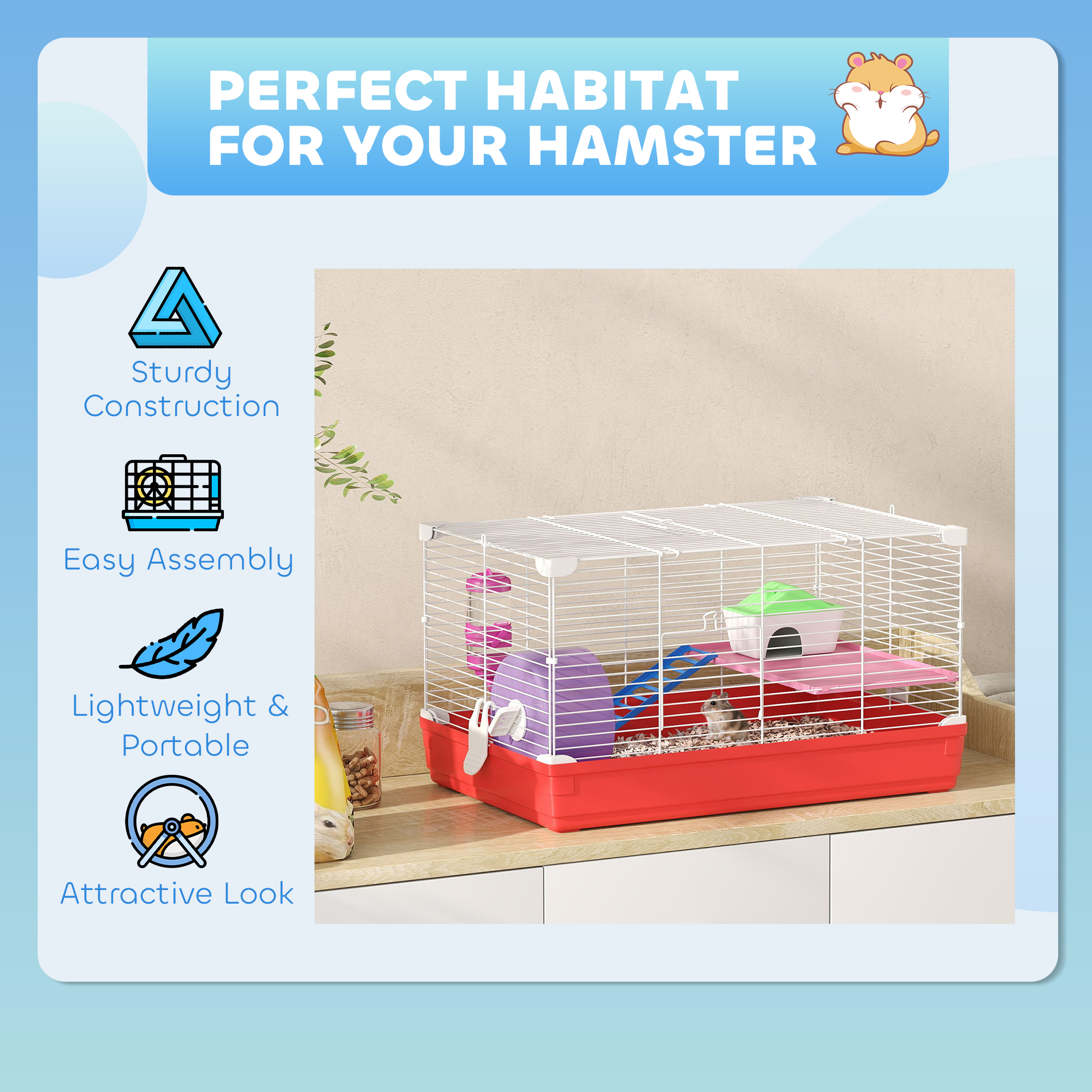 PawHut Dwarf Hamster Metal Cage w/ Tunnels Exercise Wheel Water