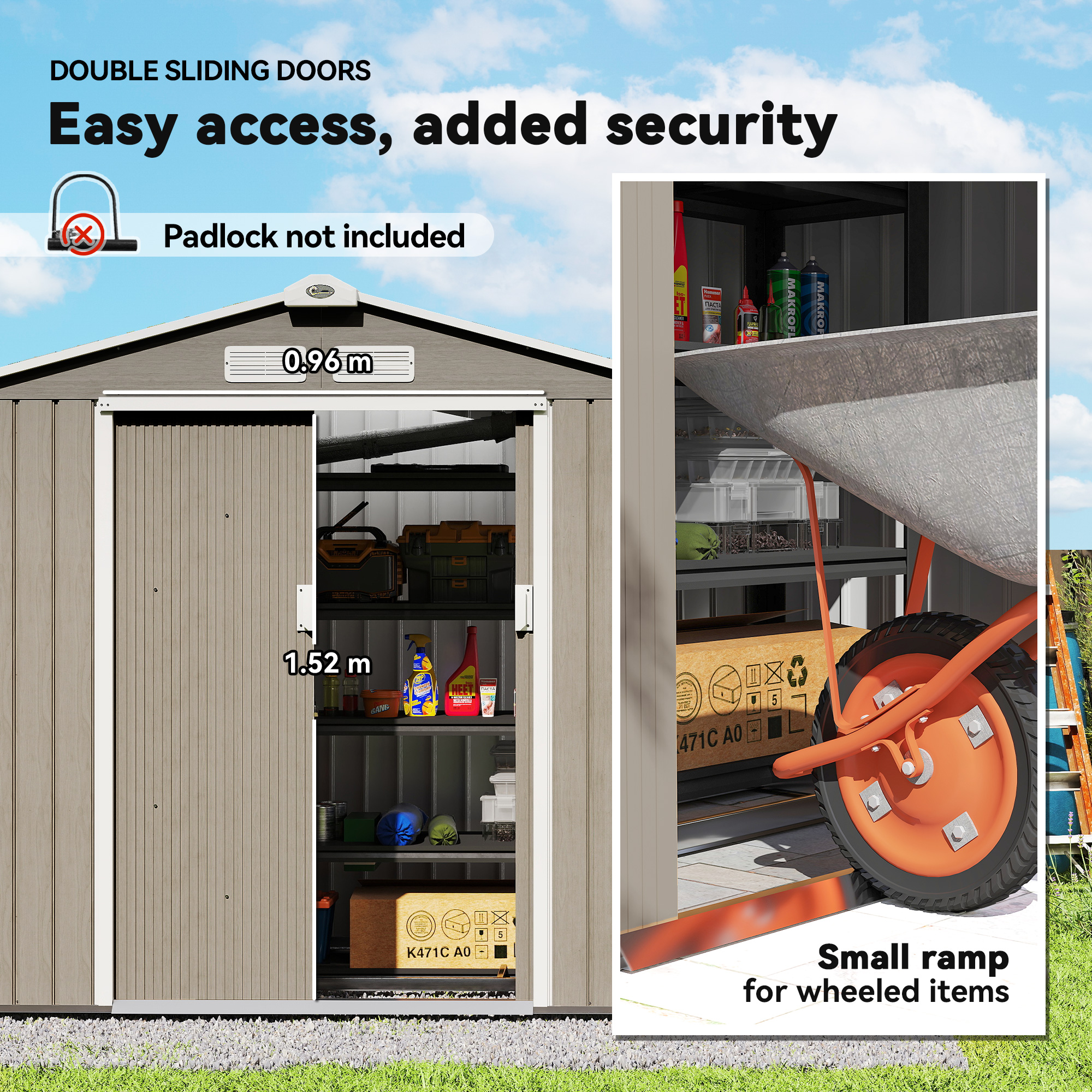 Outsunny 7 x 4ft Metal Garden Storage Shed with Vents, Floor Foundation Kit and Lockable Double Doors, Light Brown 5