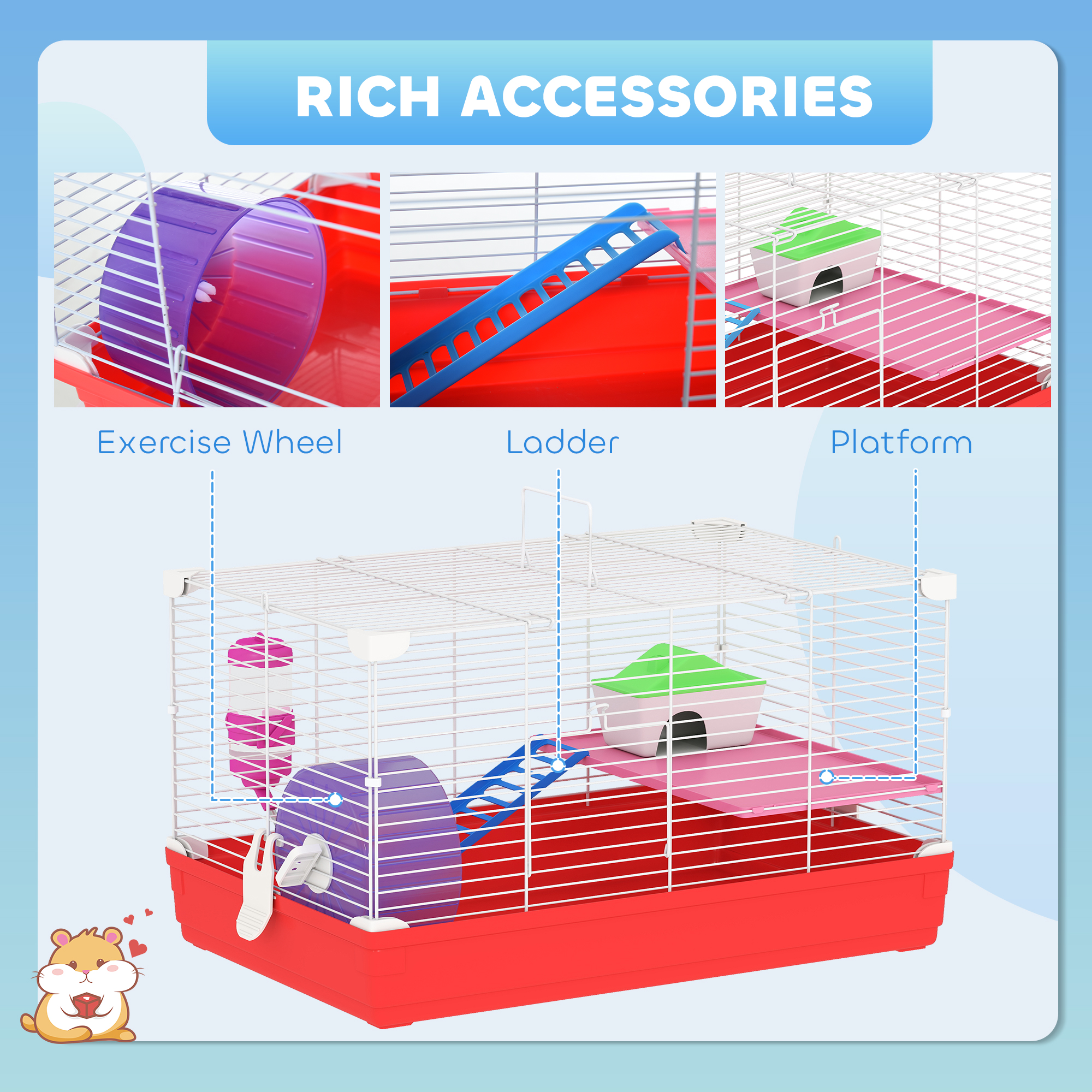 PawHut Hamster Cage, Small Gerbil Cage 2 Tiers Portable w/ Handle, Exercise Wheel, Water Bottle, Dishes 6