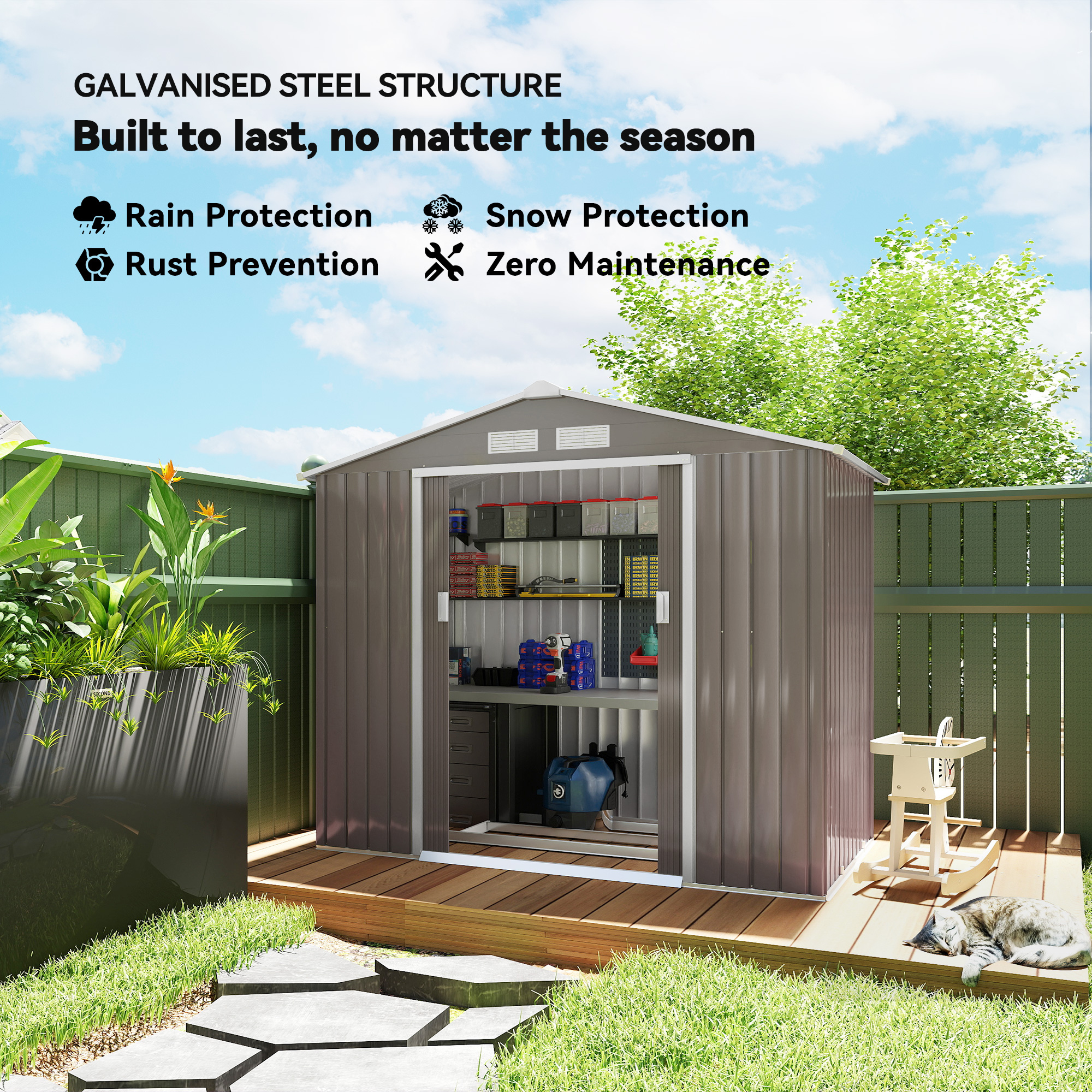 Outsunny 7ft x 4ft Lockable Garden Metal Storage Shed Storage Roofed Tool Metal Shed w/ Air Vents Steel Grey 4