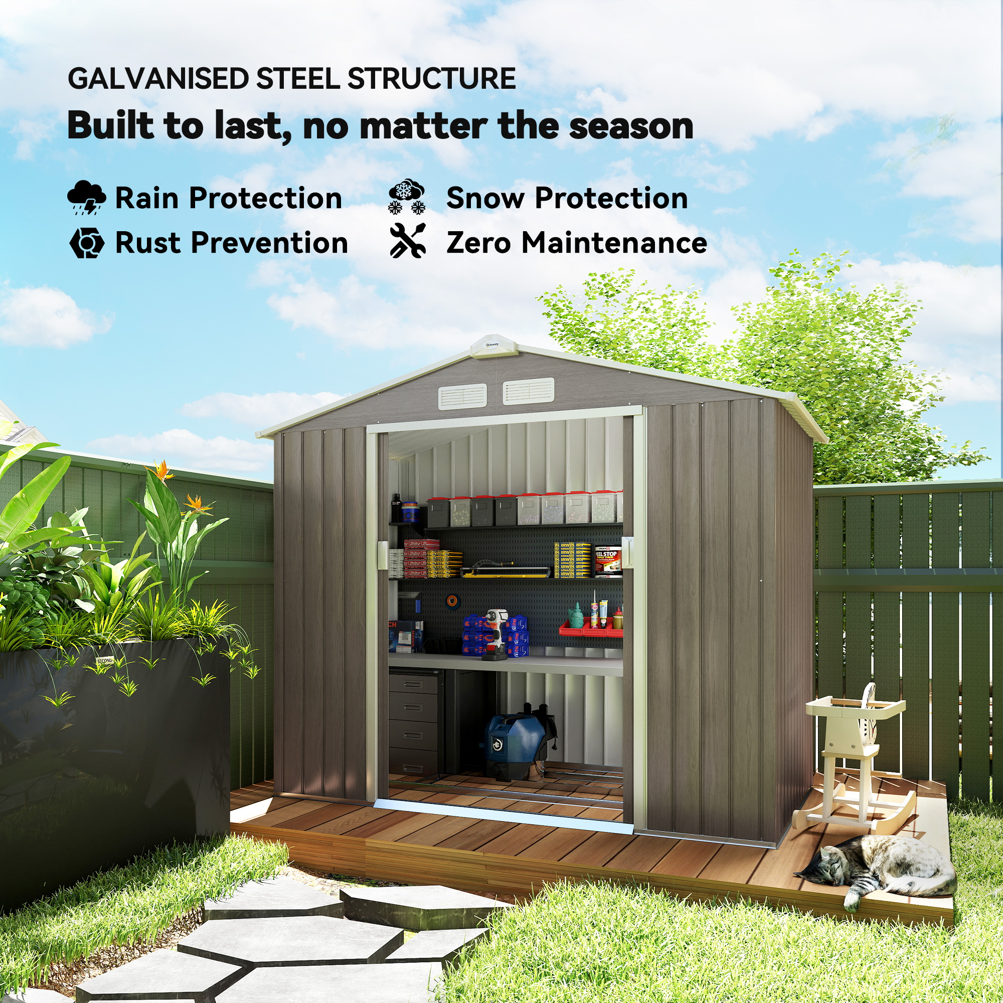 Outsunny 7 x 4ft Metal Garden Storage Shed with Vents, Floor Foundation Kit and Lockable Double Doors, Light Brown 4
