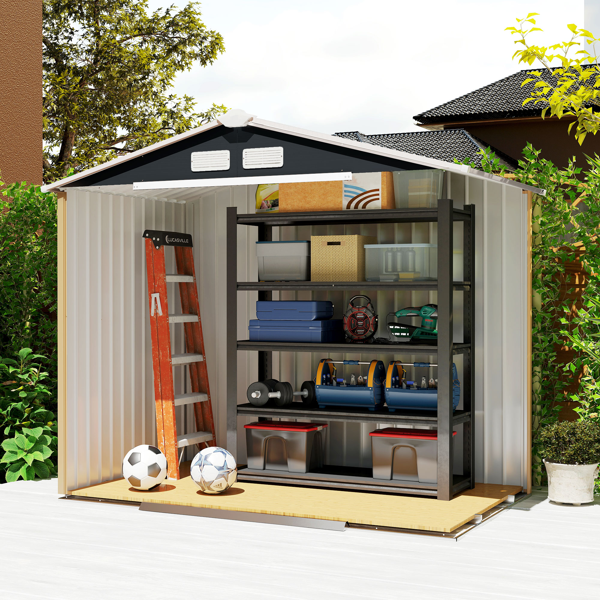 Outsunny 7 x 4ft Weatherproof Shed, Outdoor Bike Storage Shed with Ventilation Slots, Foundation Kit and Lockable Double Doors, Dark Grey 4
