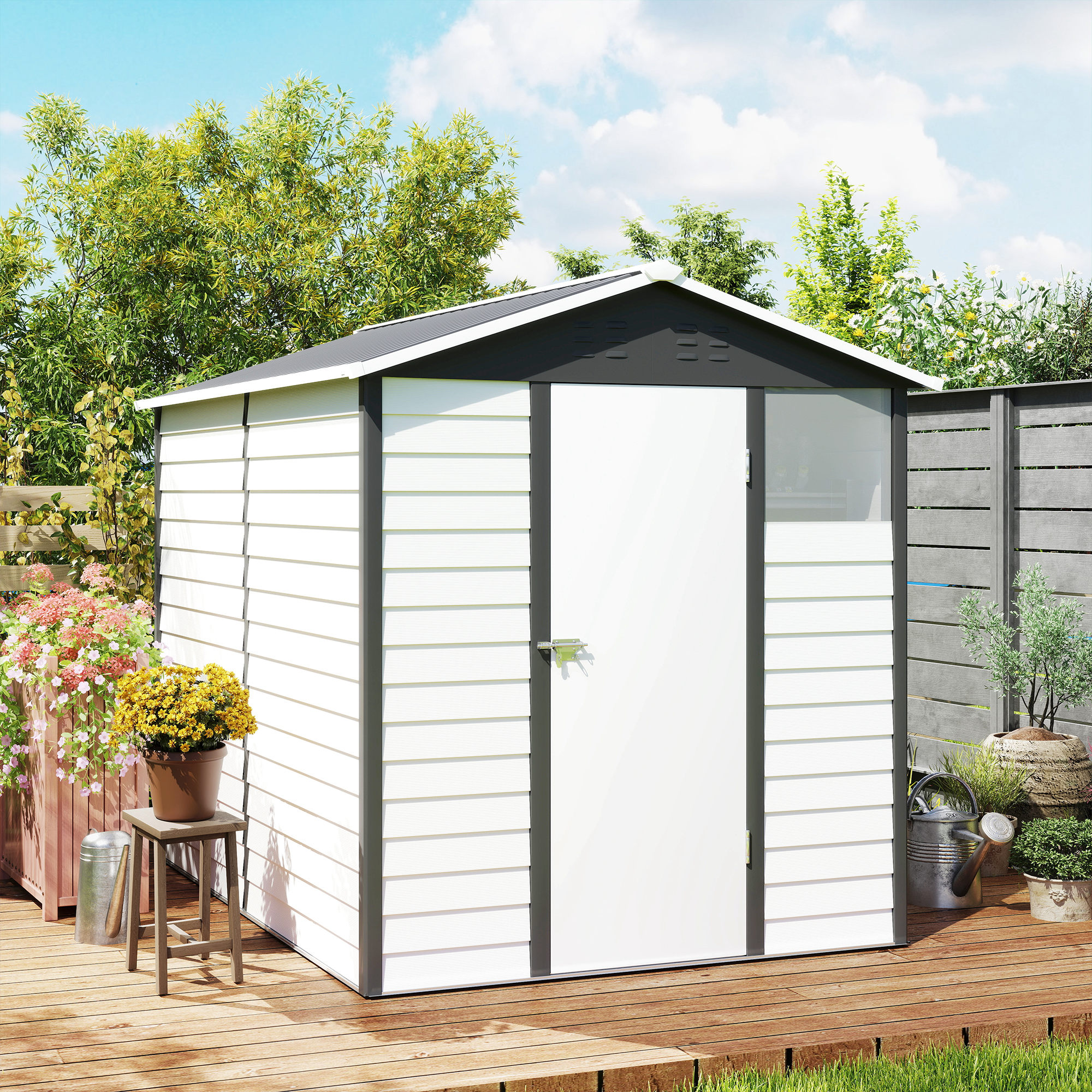 Outsunny 9x 6FT Metal Outdoor Garden Shed, Galvanised Tool Storage Shed w/ Sloped Roof, Lockable Door for Patio Lawn, Dark Grey 9