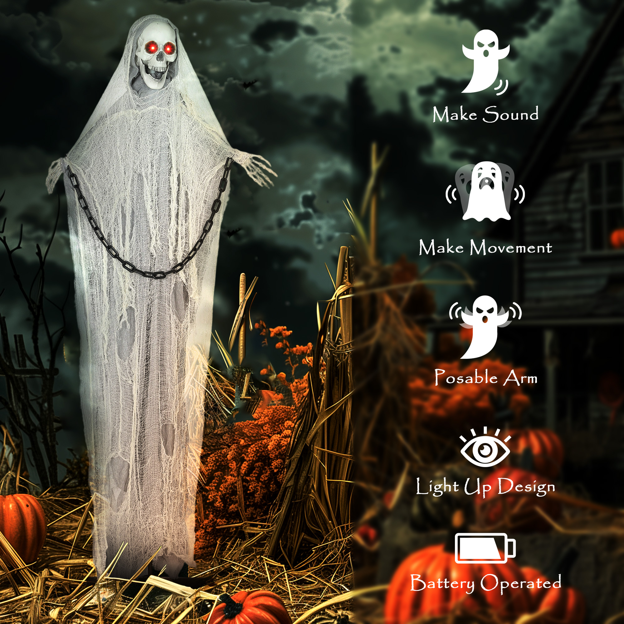 Outsunny 183 cm Life Size Halloween Animated Skeleton Grim Reaper with Glowing LED Eyes, Scary Halloween Decorations, Battery Operated, Indoor Party Props 6