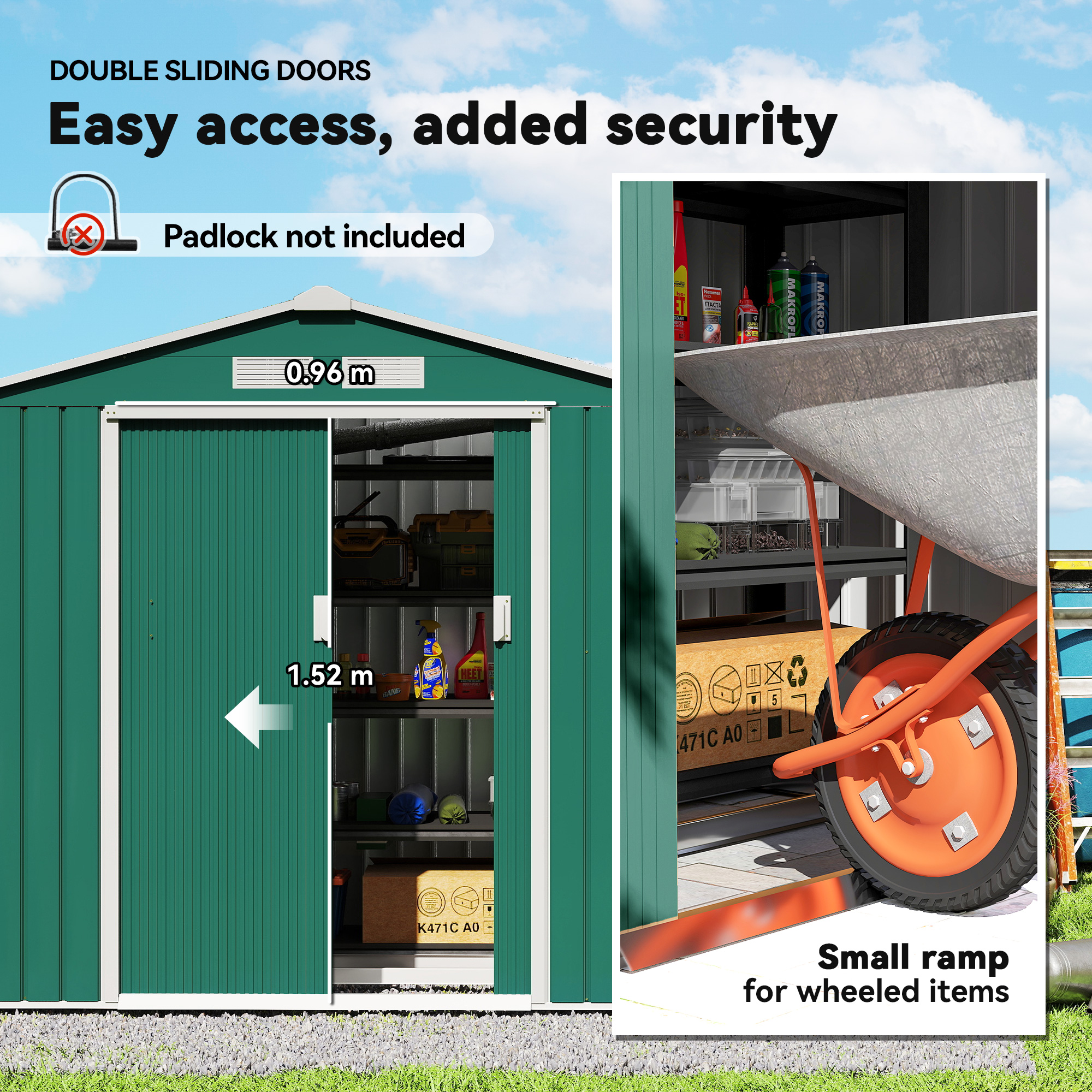 Outsunny 7 x 4ft Metal Garden Shed, Outdoor Storage Tool House with Ventilation Slots, Foundation Kit and Lockable Double Doors, Green 6