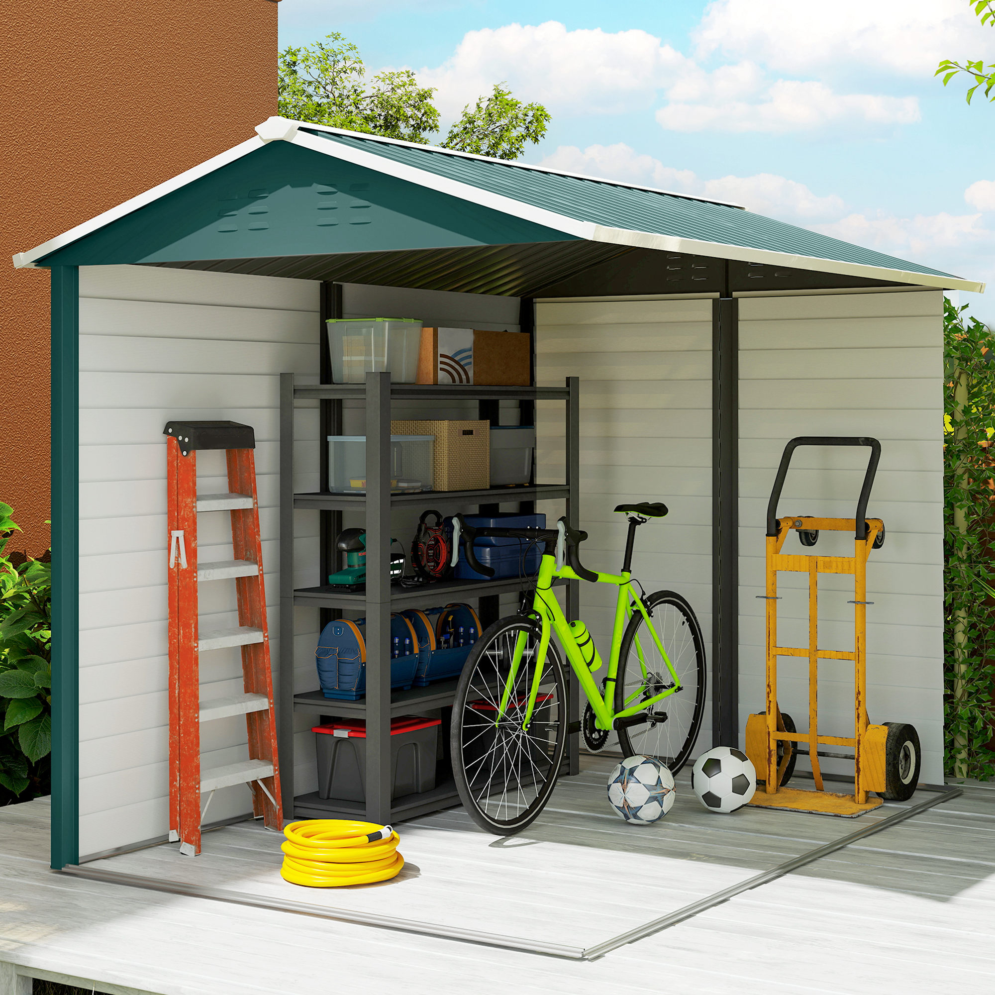 Outsunny 9x 6FT Metal Outdoor Garden Shed, Galvanised Tool Storage Shed w/ Sloped Roof, Lockable Door for Patio Lawn, Green 8